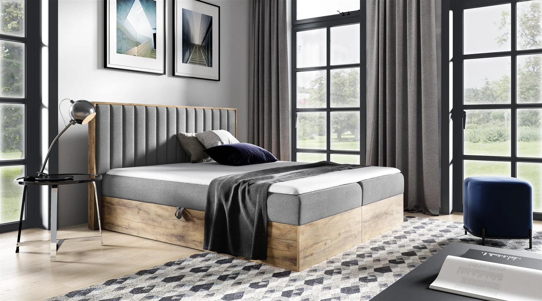 Boxspringbett Schlafzimmerbett MARCOS 120x200cm Stoff Dunkelgrau inkl Bettkasten - Fun Moebel