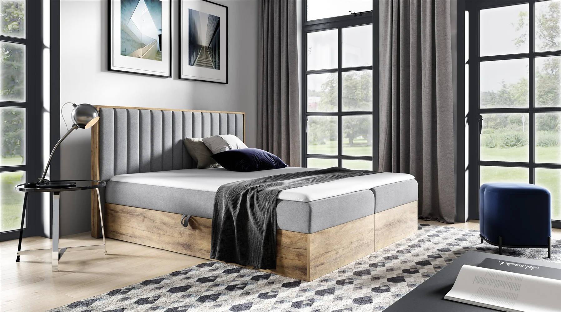 Boxspringbett Schlafzimmerbett MARCOS 120x200cm Stoff Grau inkl. Bettkasten - Fun Moebel