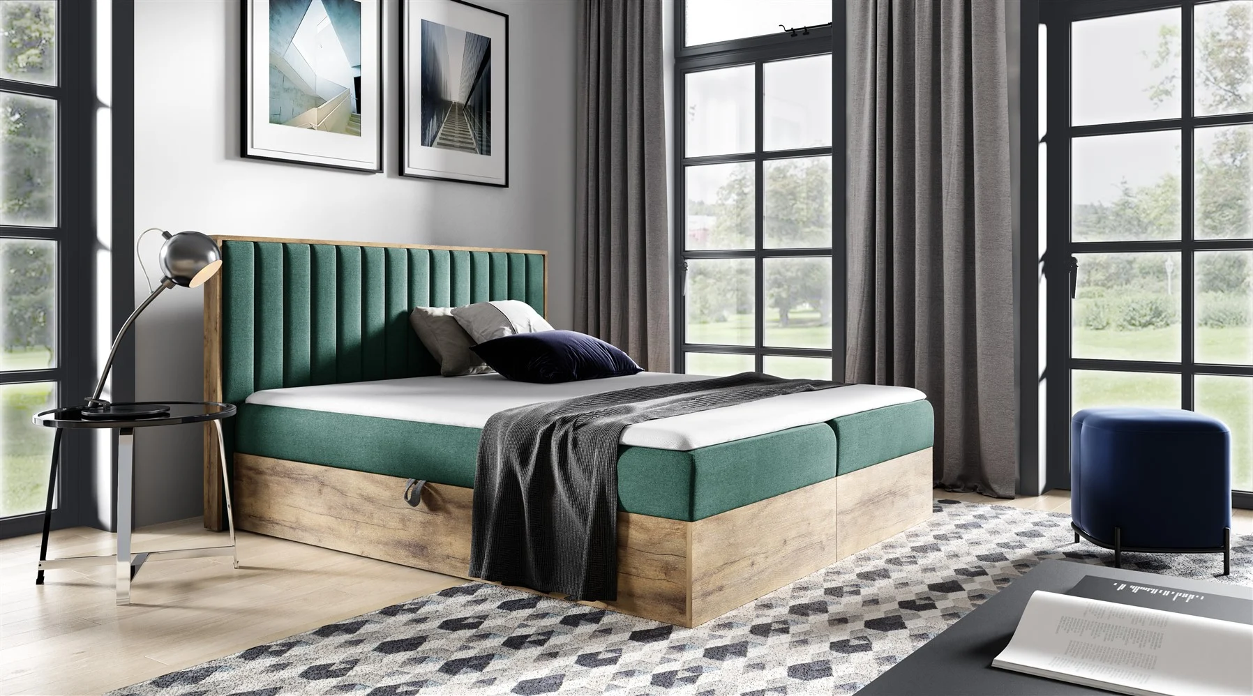 Boxspringbett Schlafzimmerbett MARCOS 120x200cm Stoff Grün inkl. Bettkasten - Fun Moebel