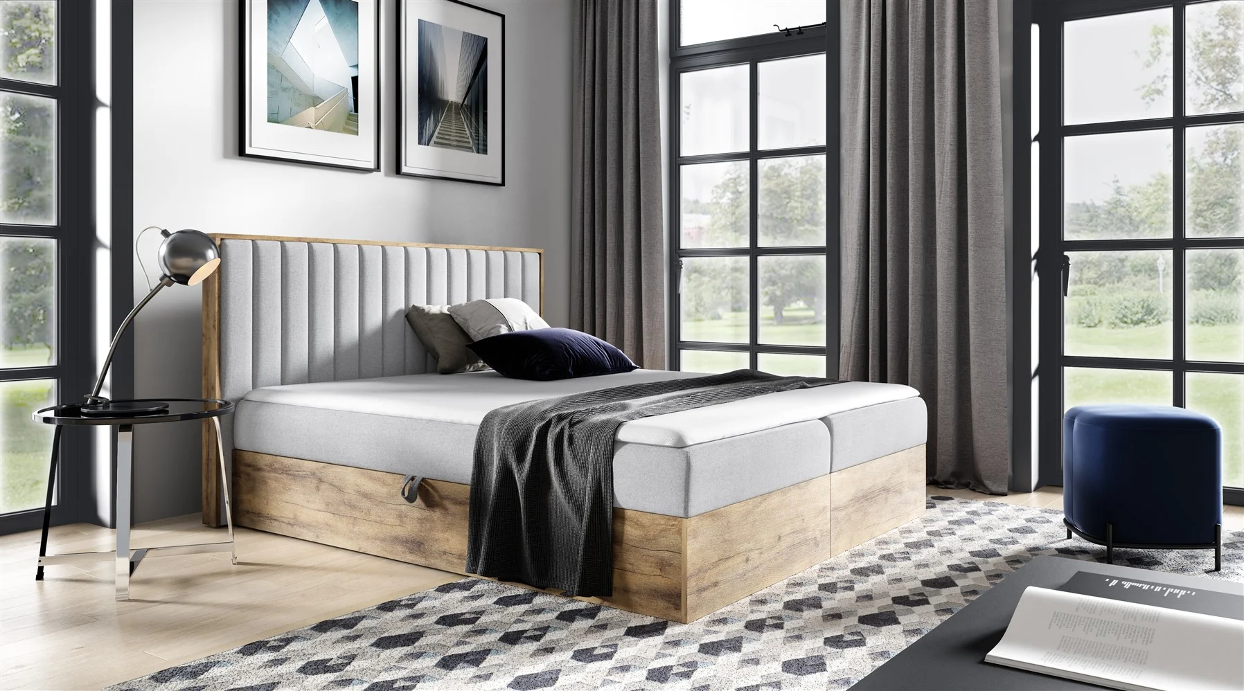 Boxspringbett Schlafzimmerbett MARCOS 140x200cm Stoff Hellgrau inkl. Bettkasten - Fun Moebel