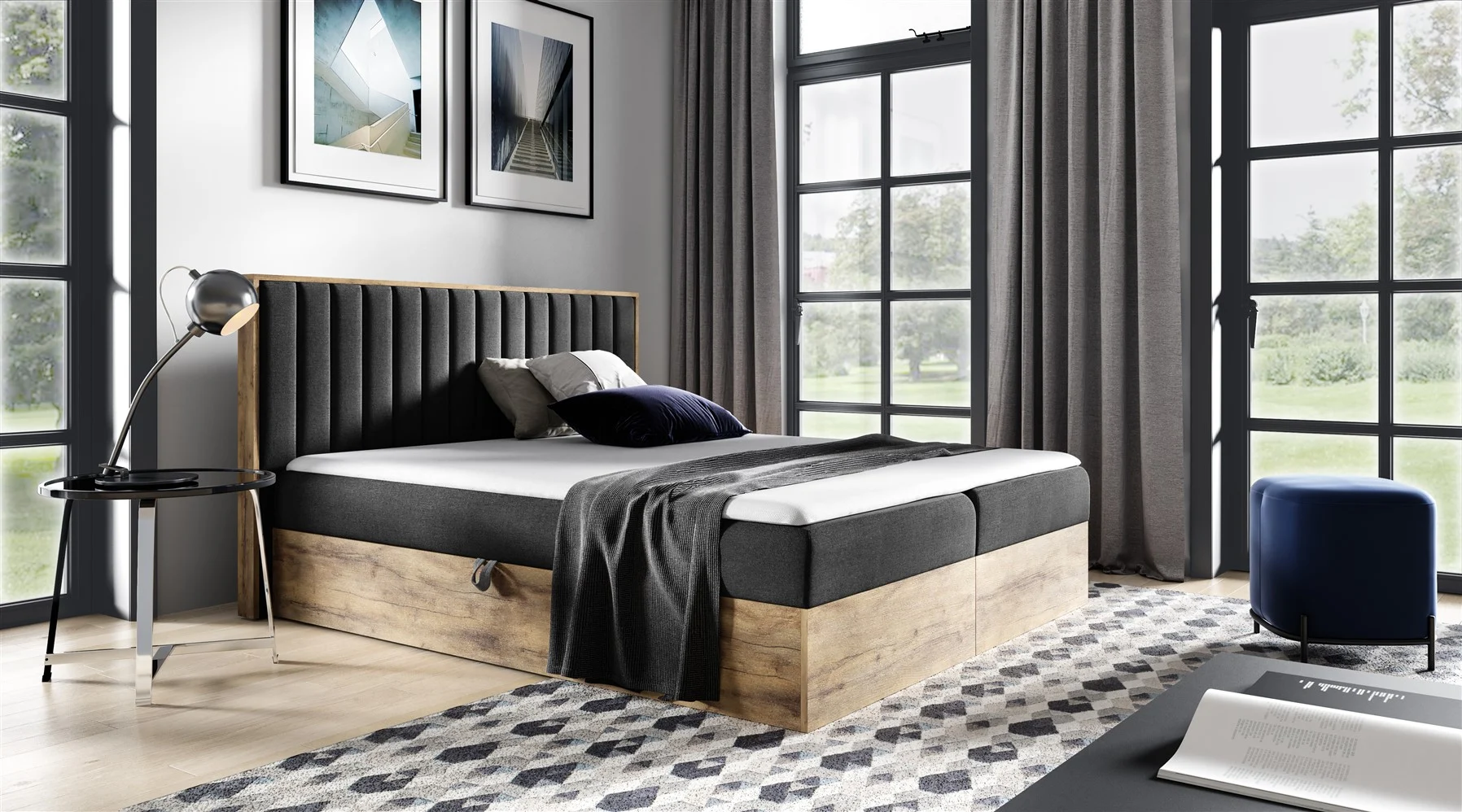 Boxspringbett Schlafzimmerbett MARCOS 140x200cm Stoff Schwarz inkl. Bettkasten - Fun Moebel