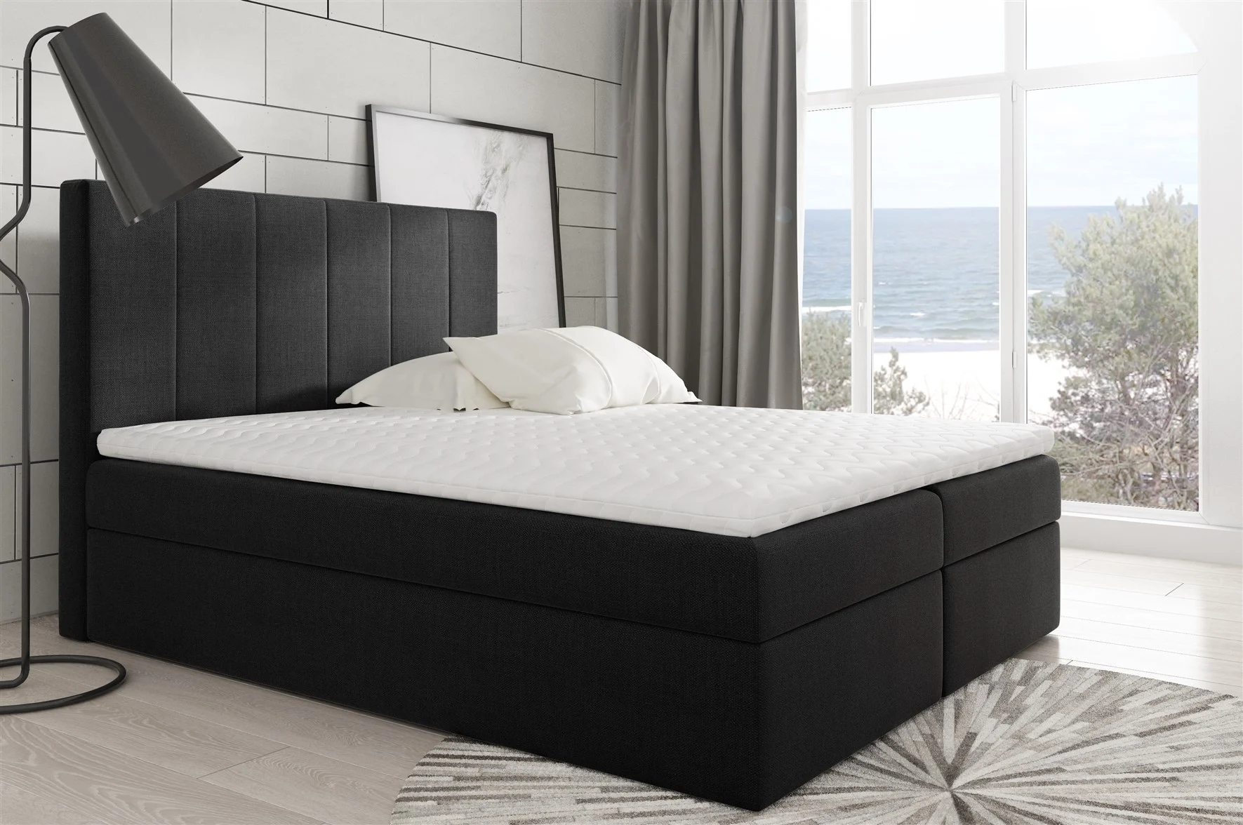 Boxspringbett Schlafzimmerbett MARIBEL 140x200cm Stoff Schwarz - Fun Moebel