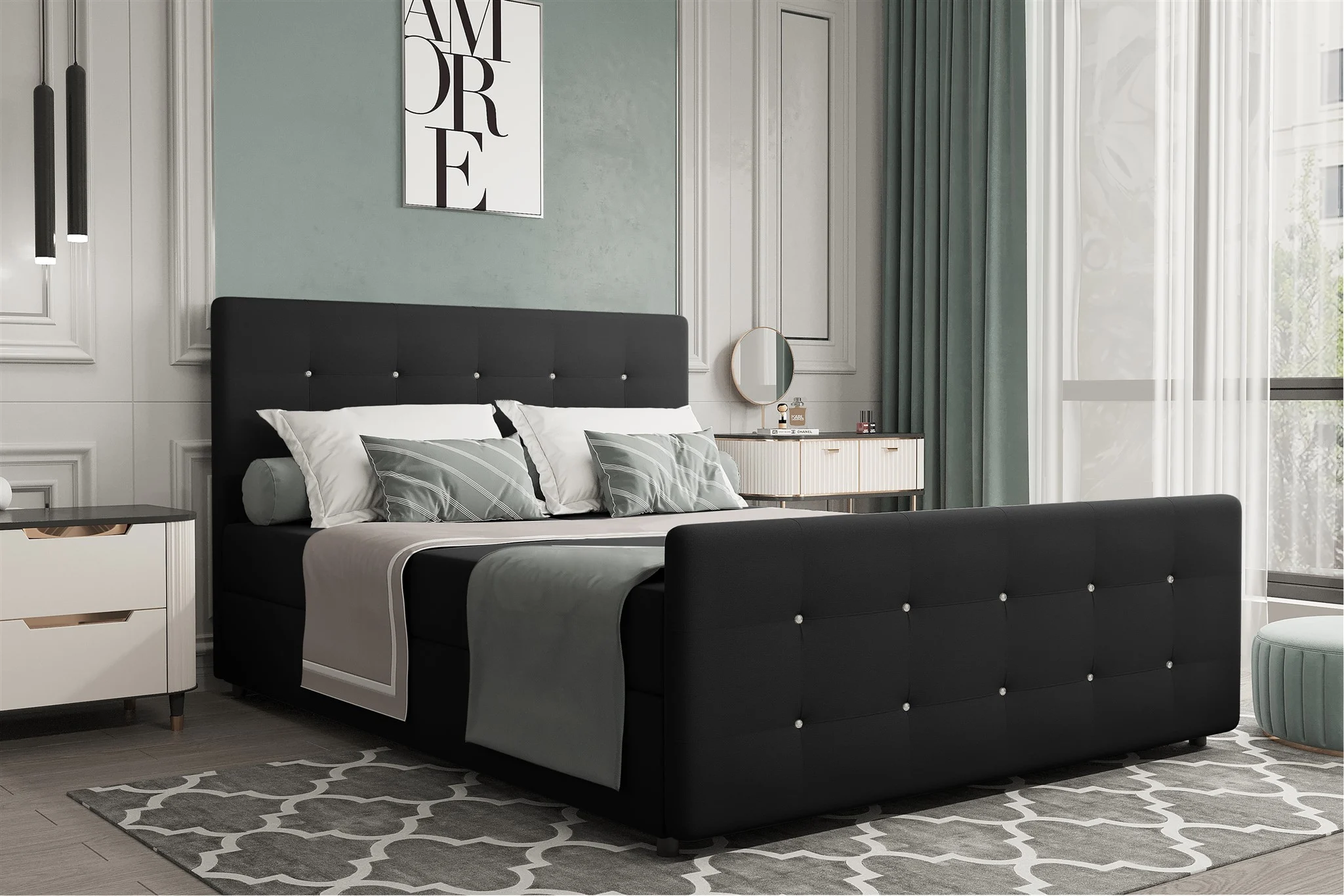 Boxspringbett Schlafzimmerbett MARKOS 120x200cm Stoff Soro Schwarz inkl. Bettkasten - Fun Möbel