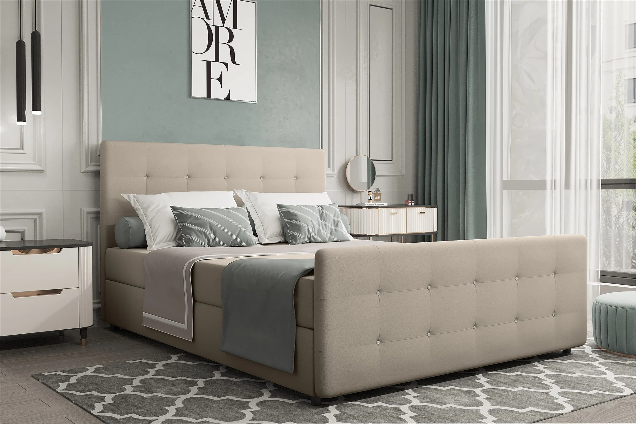 Boxspringbett Schlafzimmerbett MARKOS 120x200cm Stoff Soro Beige inkl. Bettkasten - Fun Möbel
