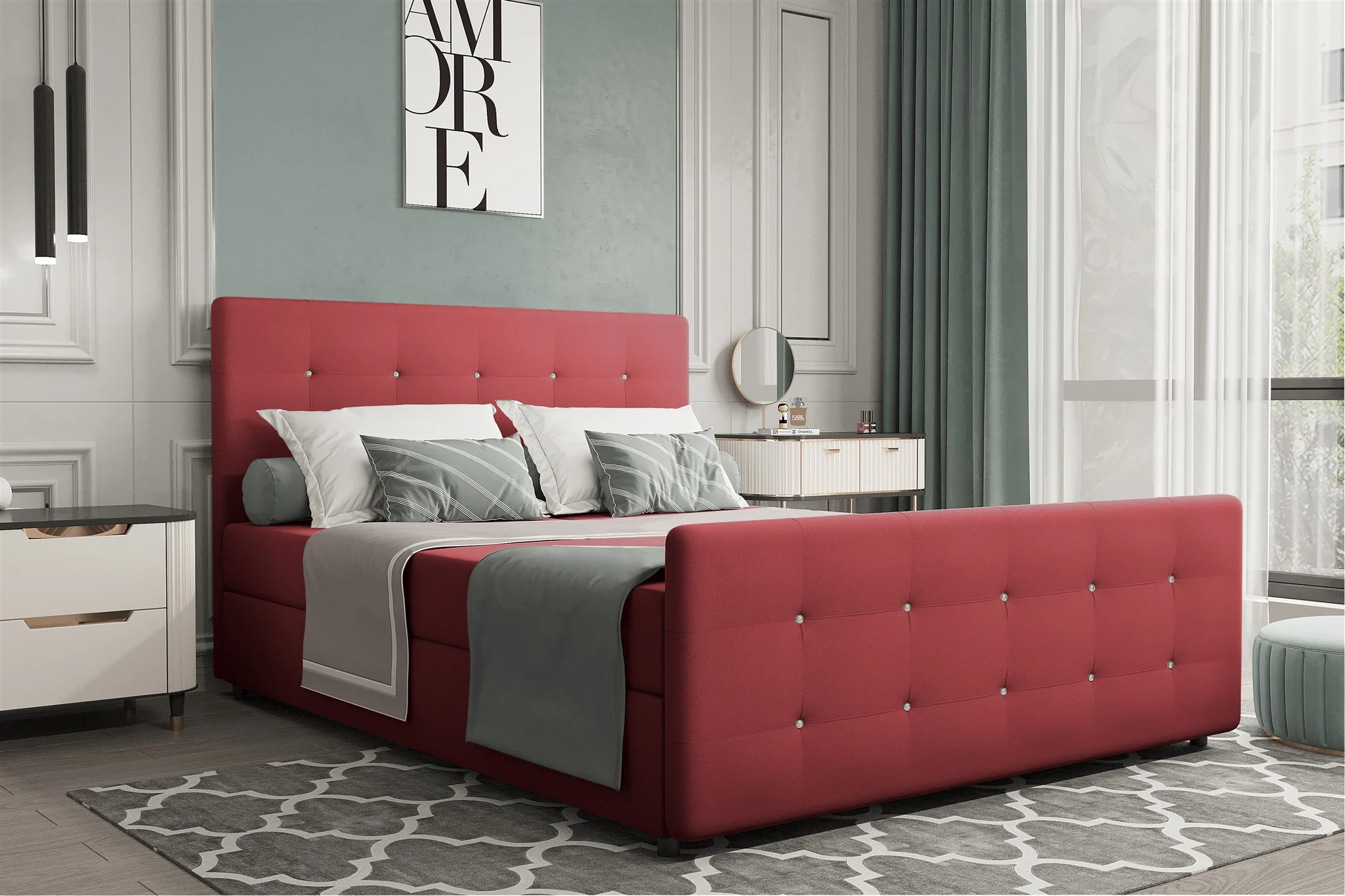 Boxspringbett Schlafzimmerbett MARKOS 120x200cm Stoff Soro Rot inkl. Bettkasten - Fun Möbel