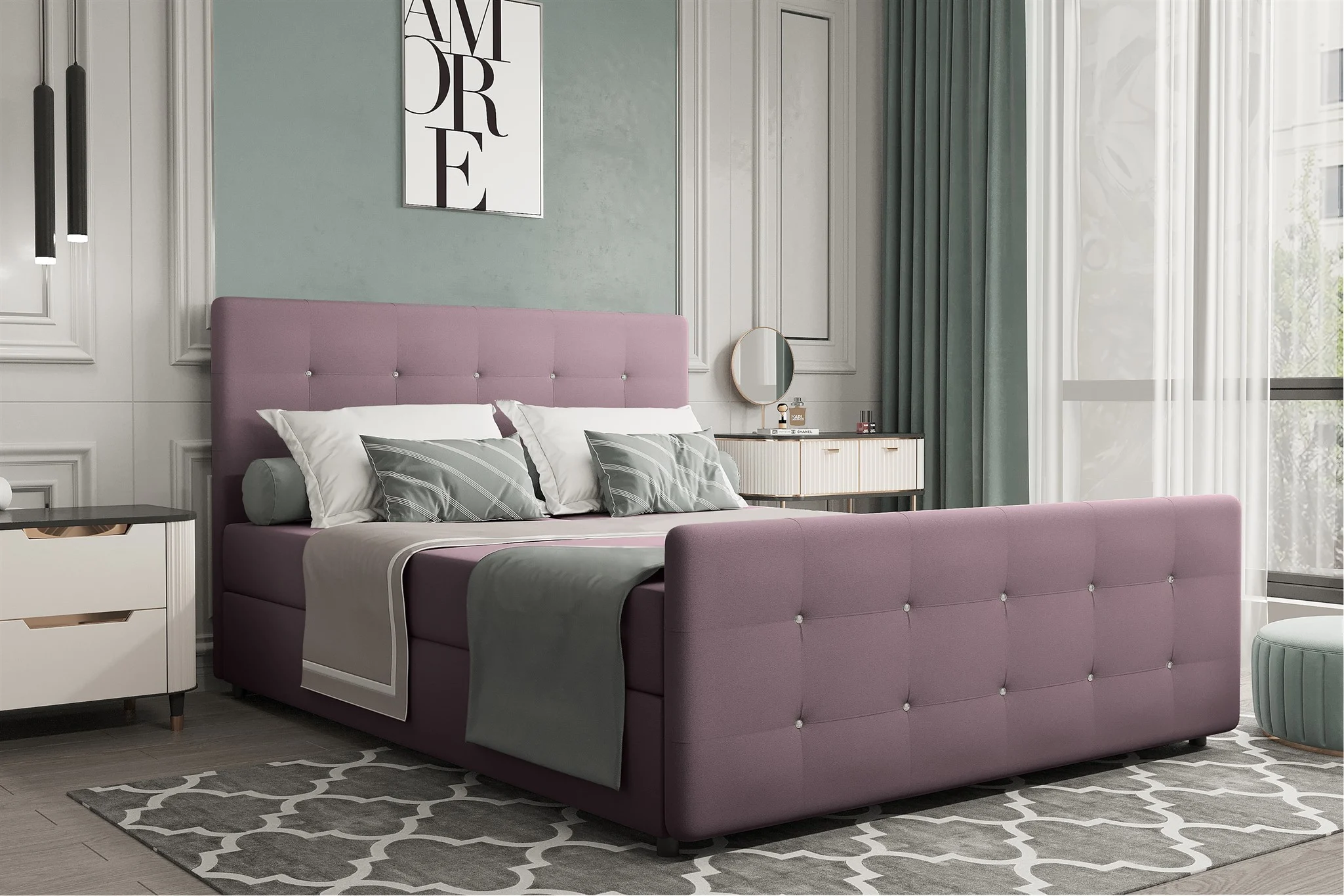 Boxspringbett Schlafzimmerbett MARKOS 140x200cm Stoff Soro Violett inkl. Bettkasten - Fun Möbel