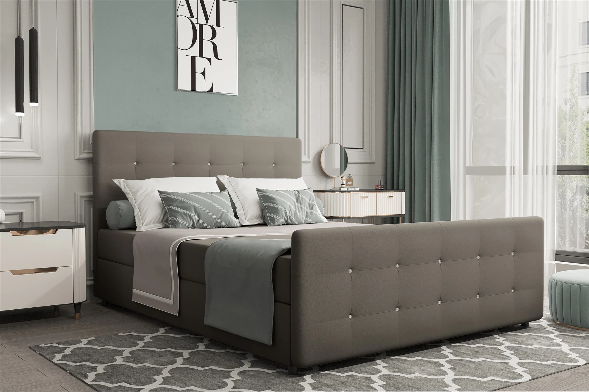 Boxspringbett Schlafzimmerbett MARKOS 140x200cm Stoff Soro Taupe inkl. Bettkasten - Fun Möbel