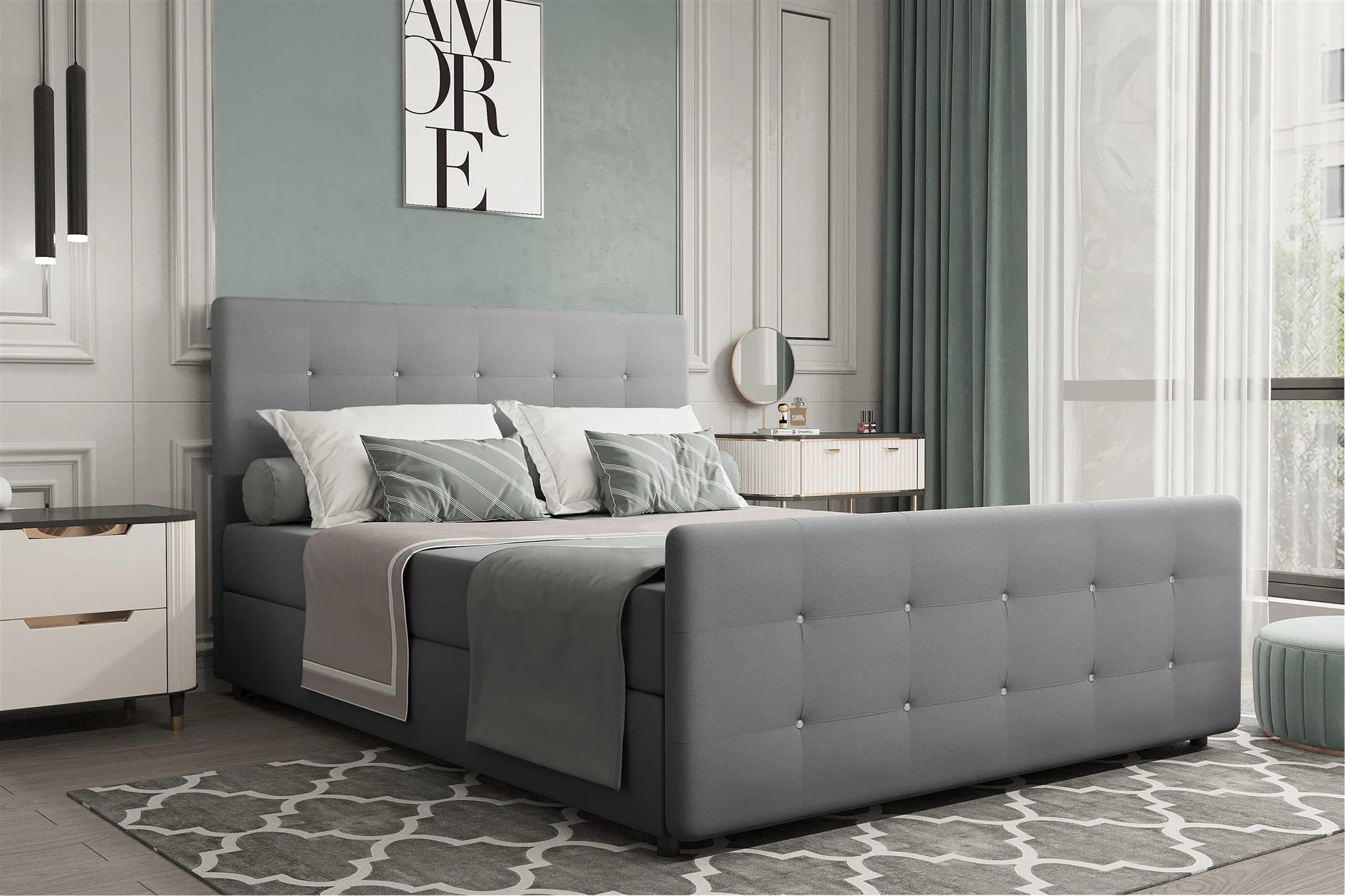 Boxspringbett Schlafzimmerbett MARKOS 140x200cm Stoff Soro Grau inkl. Bettkasten - Fun Möbel