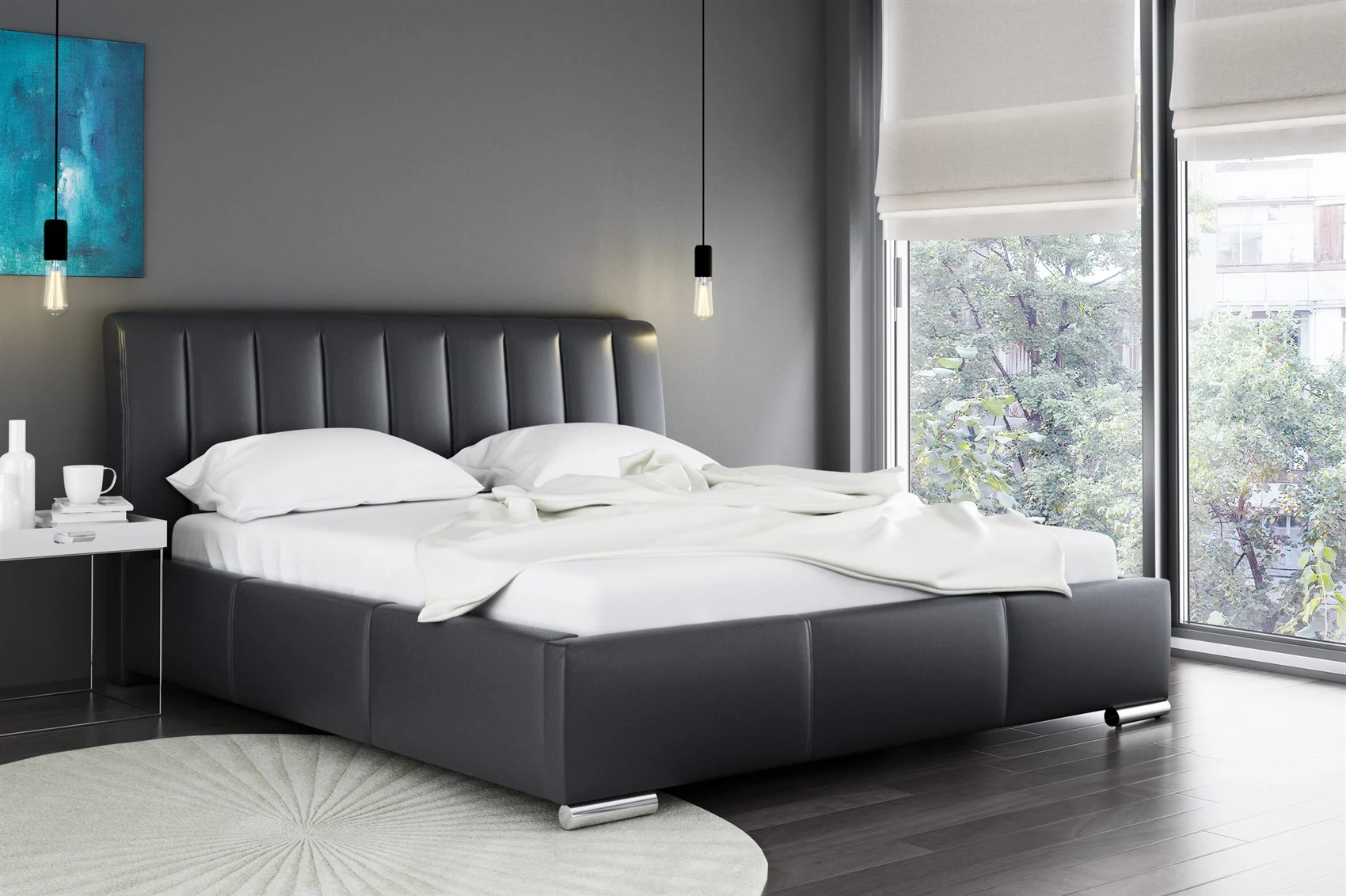Polsterbett Doppelbett MARLON Komplettset Kunstleder Schwarz 160x200cm - Fun Möbel
