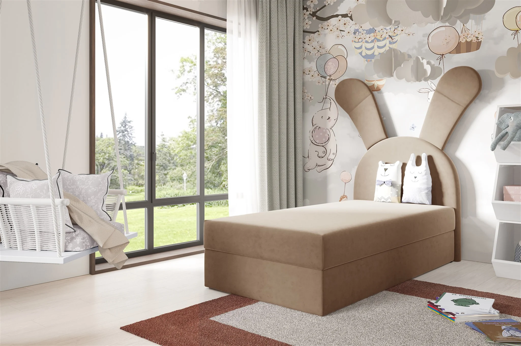 Kinderbett Polsterbett Bett MATILDA 100x200cm in Stoff Magic Velvet Beige - Fun Möbel