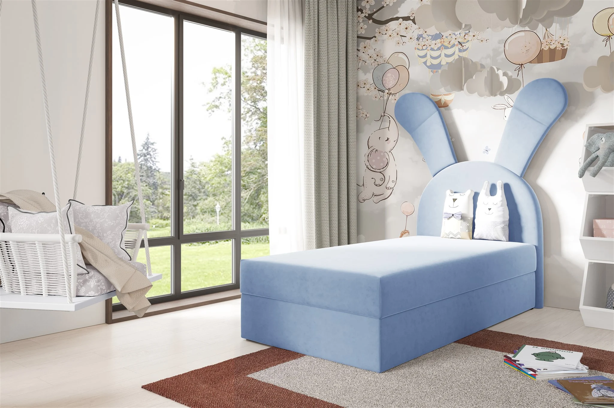 Kinderbett Polsterbett Bett MATILDA 100x200cm in Stoff Magic Velvet Hellblau - Fun Möbel