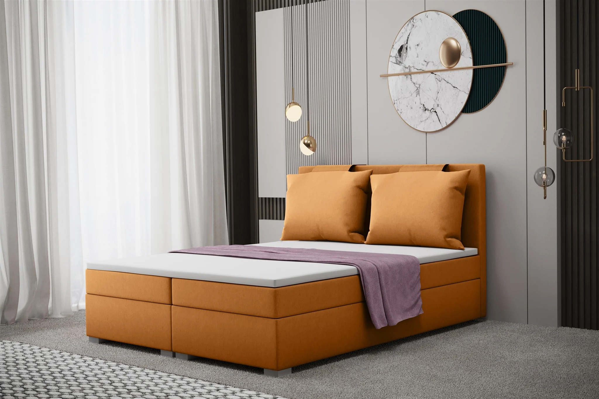 Boxspringbett Schlafzimmerbett MATRO 140x200cm in Stoff Soro Orange - Fun Moebel