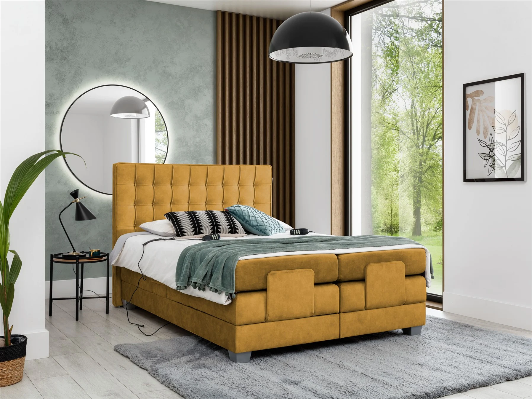 Boxspringbett Elektrisch Schlafzimmerbett MAXIMA 160x200cm in Stoff Senf - Fun Moebel
