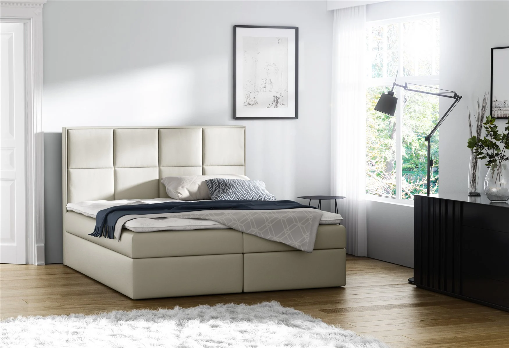 Boxspringbett Bett MEDIANO Kunstleder Creme 200x200cm inkl.Bettkasten - Fun Moebel