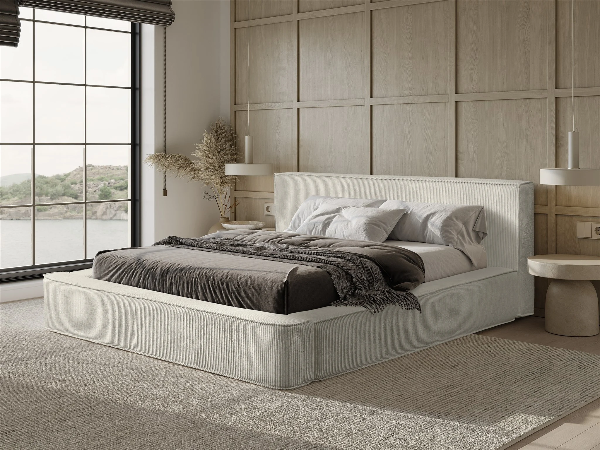 Polsterbett Doppelbett MODESTO 140x200cm in Stoff Lincoln Creme - Fun Möbel