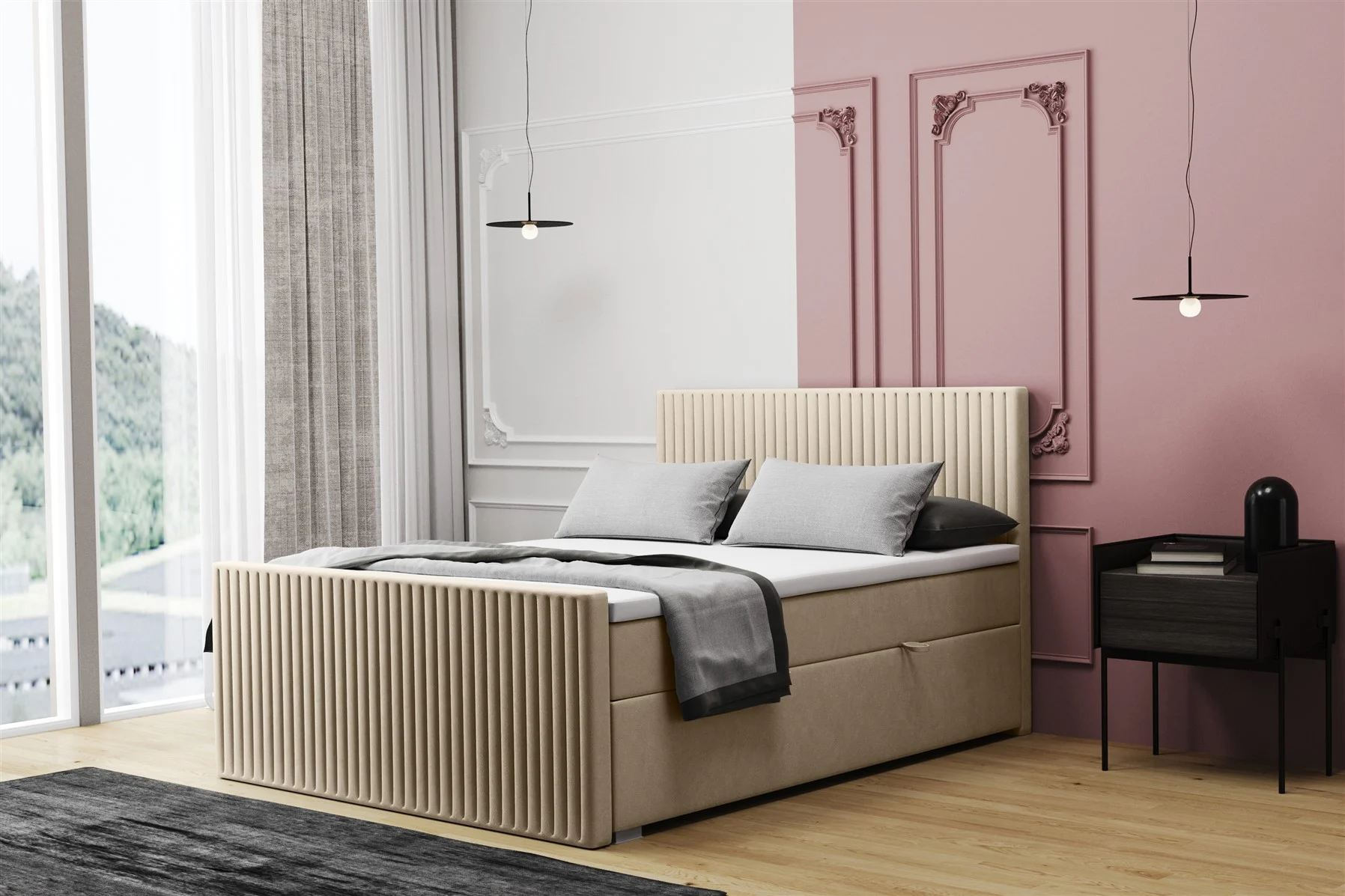 Boxspringbett Schlafzimmerbett MONTY 140x220cm in Stoff Monolith Creme - Fun Moebel