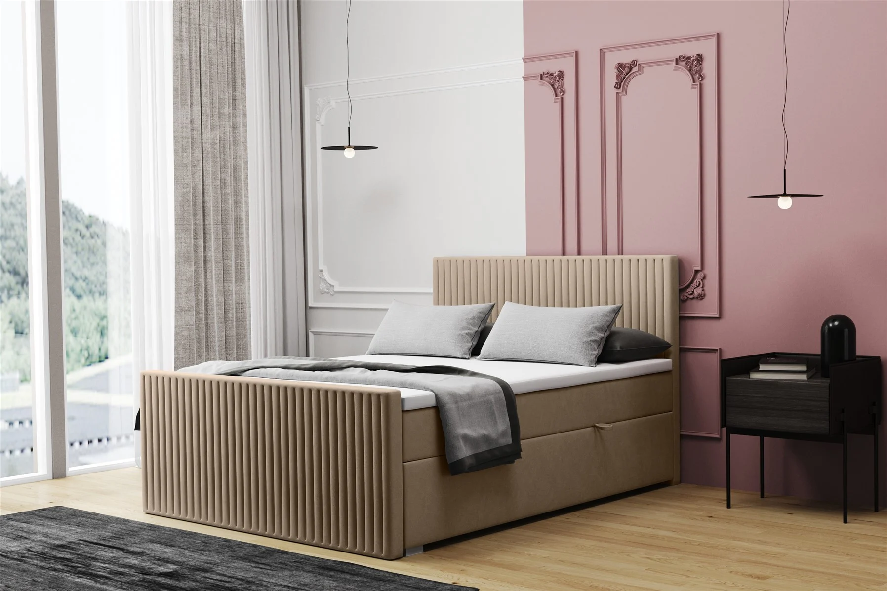 Boxspringbett Schlafzimmerbett MONTY 120x220cm in Stoff Monolith Hellbraun - Fun Moebel