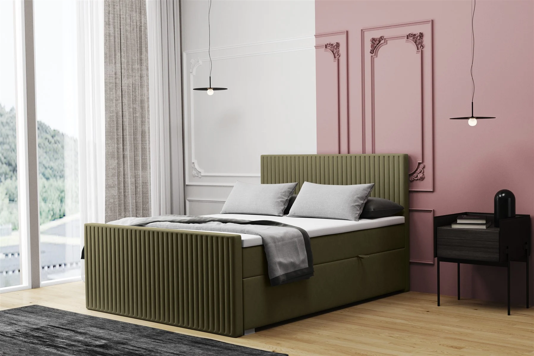 Boxspringbett Schlafzimmerbett MONTY 120x220cm in Stoff Monolith Olive - Fun Moebel
