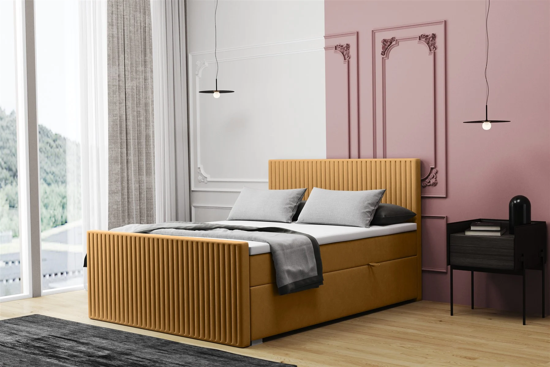Boxspringbett Schlafzimmerbett MONTY 160x220cm in Stoff Monolith Senf - Fun Moebel