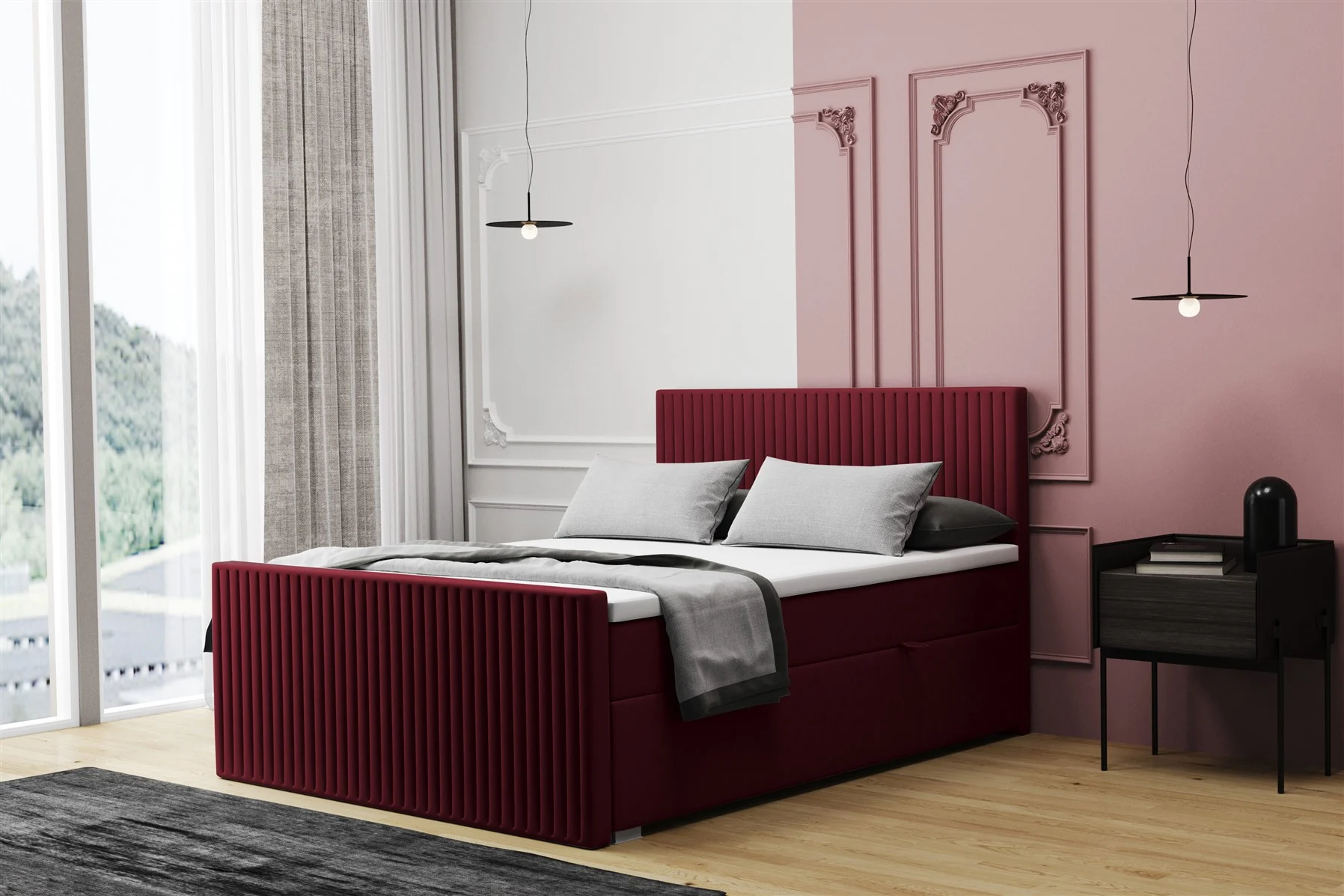 Boxspringbett Schlafzimmerbett MONTY 120x220cm in Stoff Monolith Weinrot - Fun Moebel