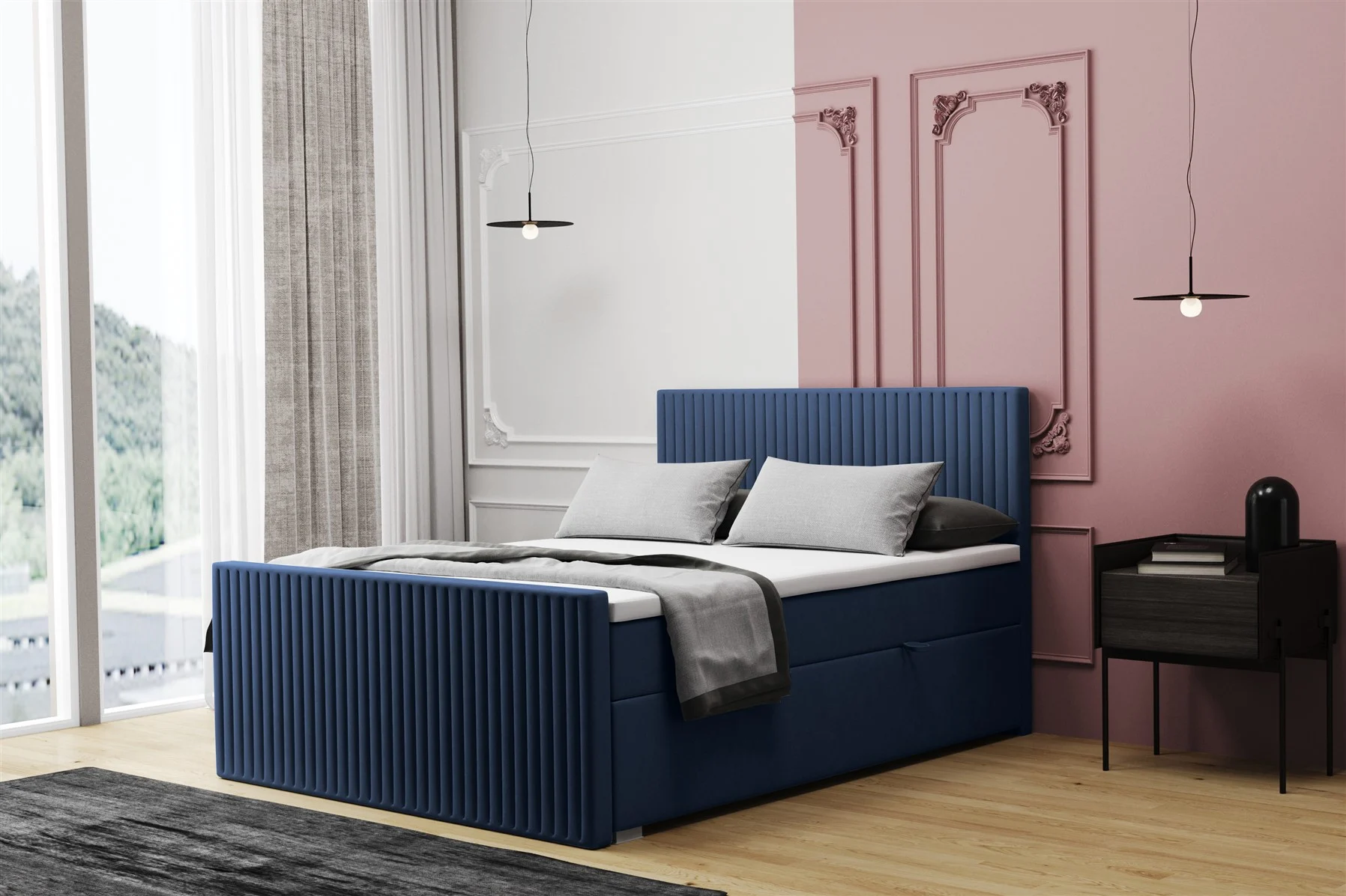 Boxspringbett Schlafzimmerbett MONTY 160x220cm in Stoff Monolith Dunkelblau - Fun Moebel