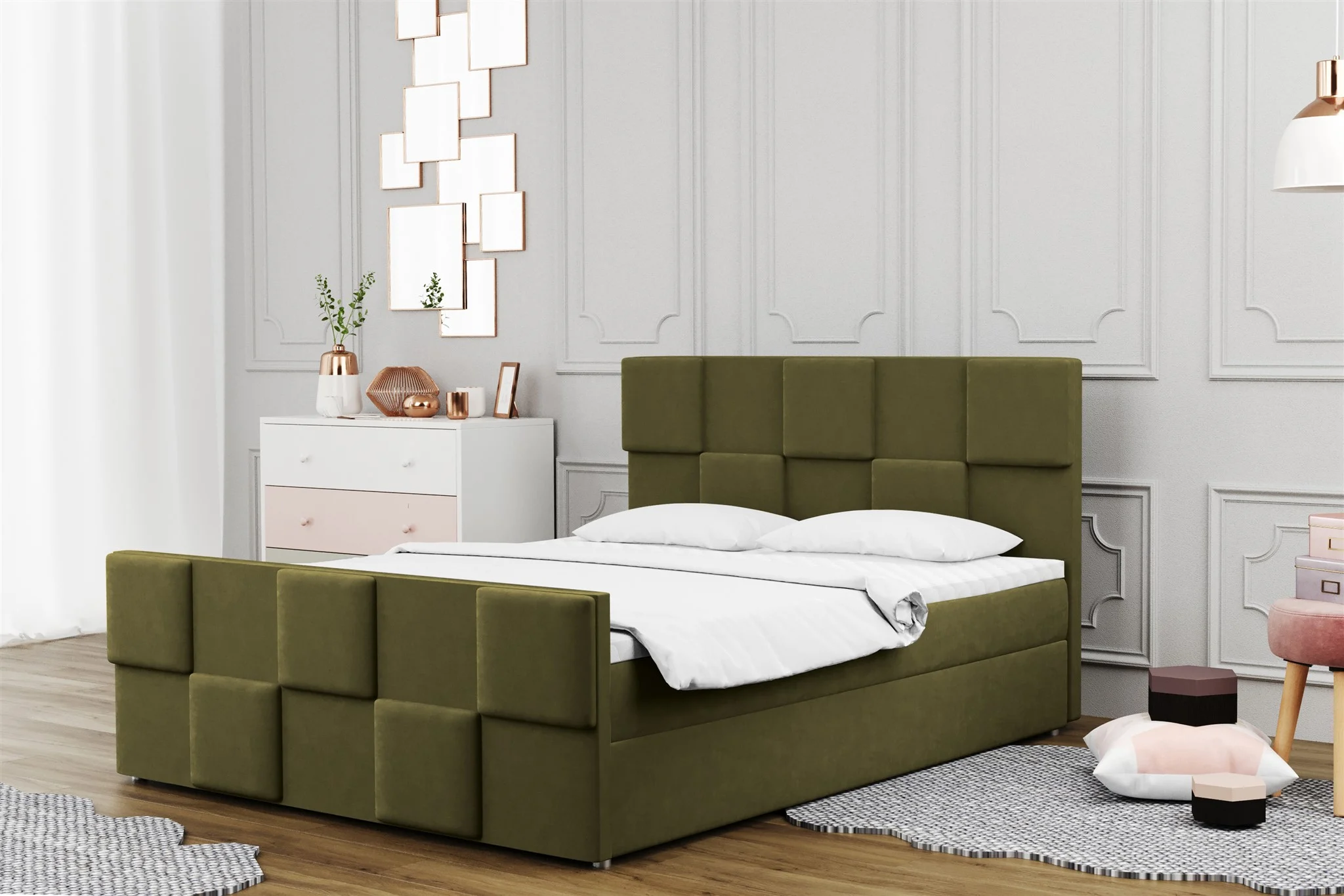 Boxspringbett Schlafzimmerbett MURILO 140x220cm in Stoff Monolith Olive - Fun Moebel