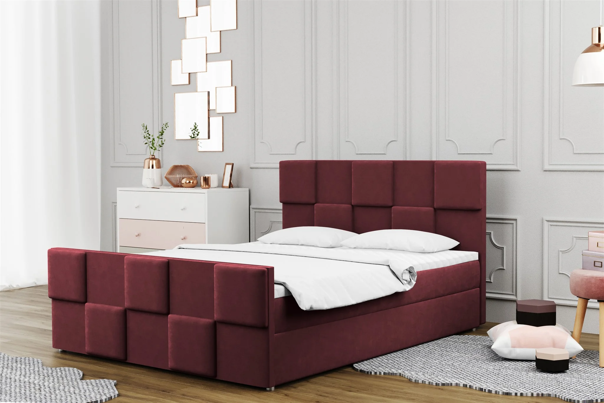Boxspringbett Schlafzimmerbett MURILO 160x220cm in Stoff Monolith Weinrot - Fun Moebel
