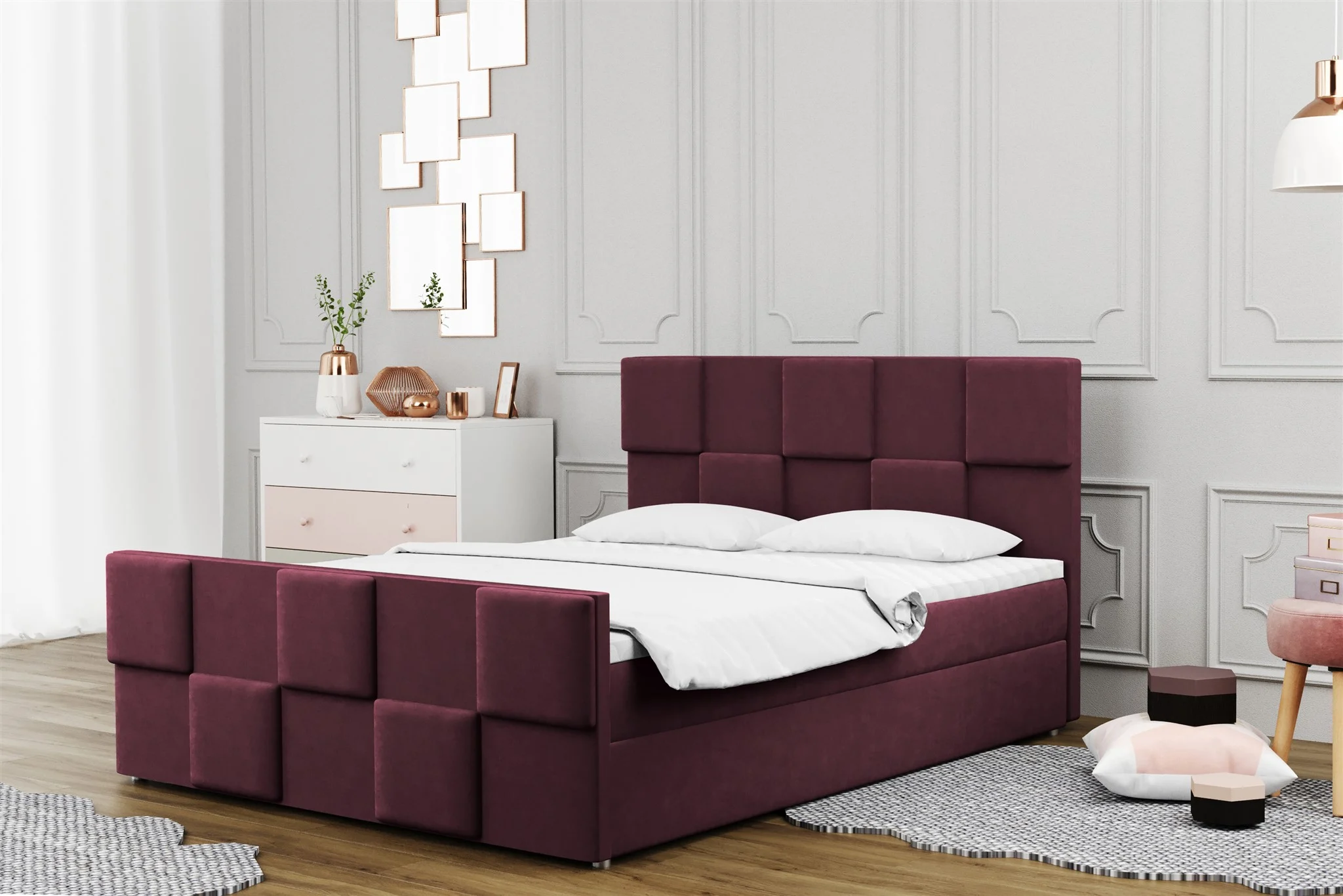 Boxspringbett Schlafzimmerbett MURILO 120x220cm in Stoff Monolith Purpurrot - Fun Moebel