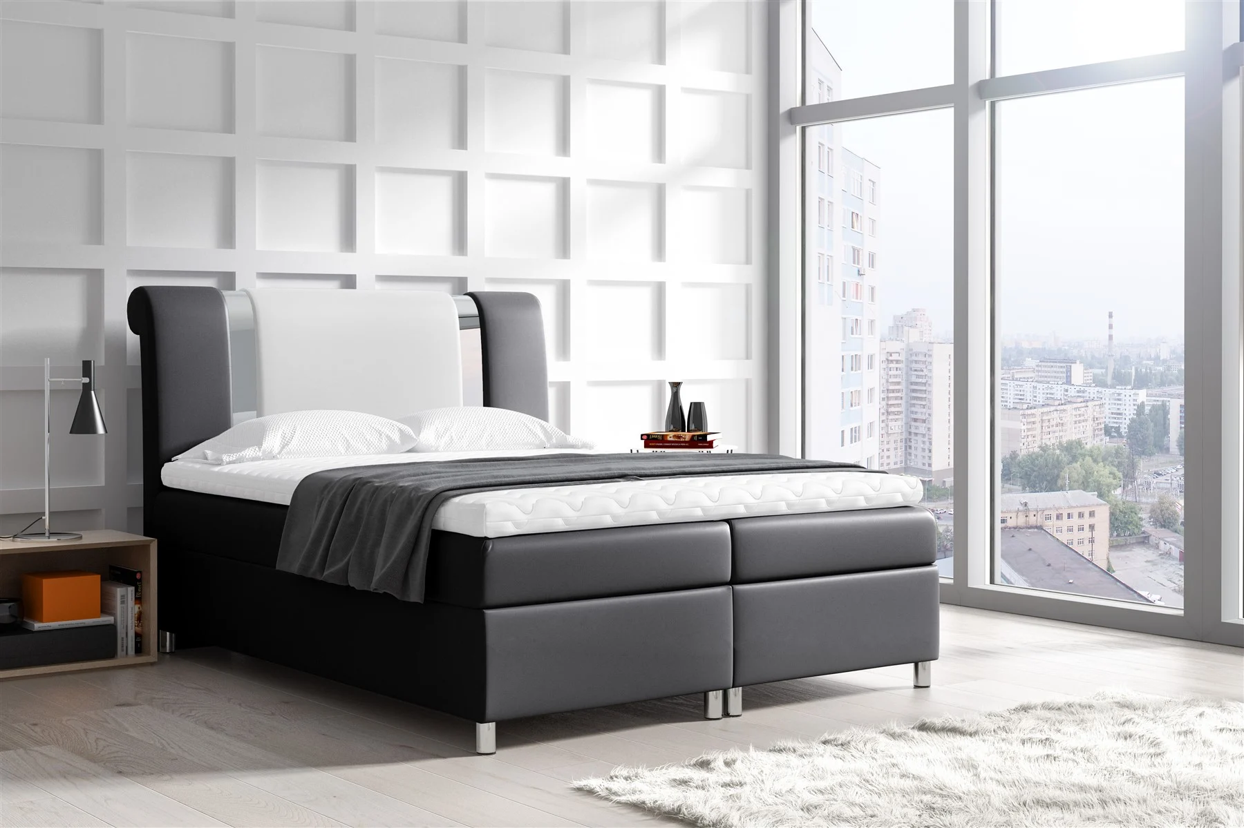 Boxspringbett Schlafzimmerbett NATHAN 120x200cm Kunstl. Schwarz-Weiss