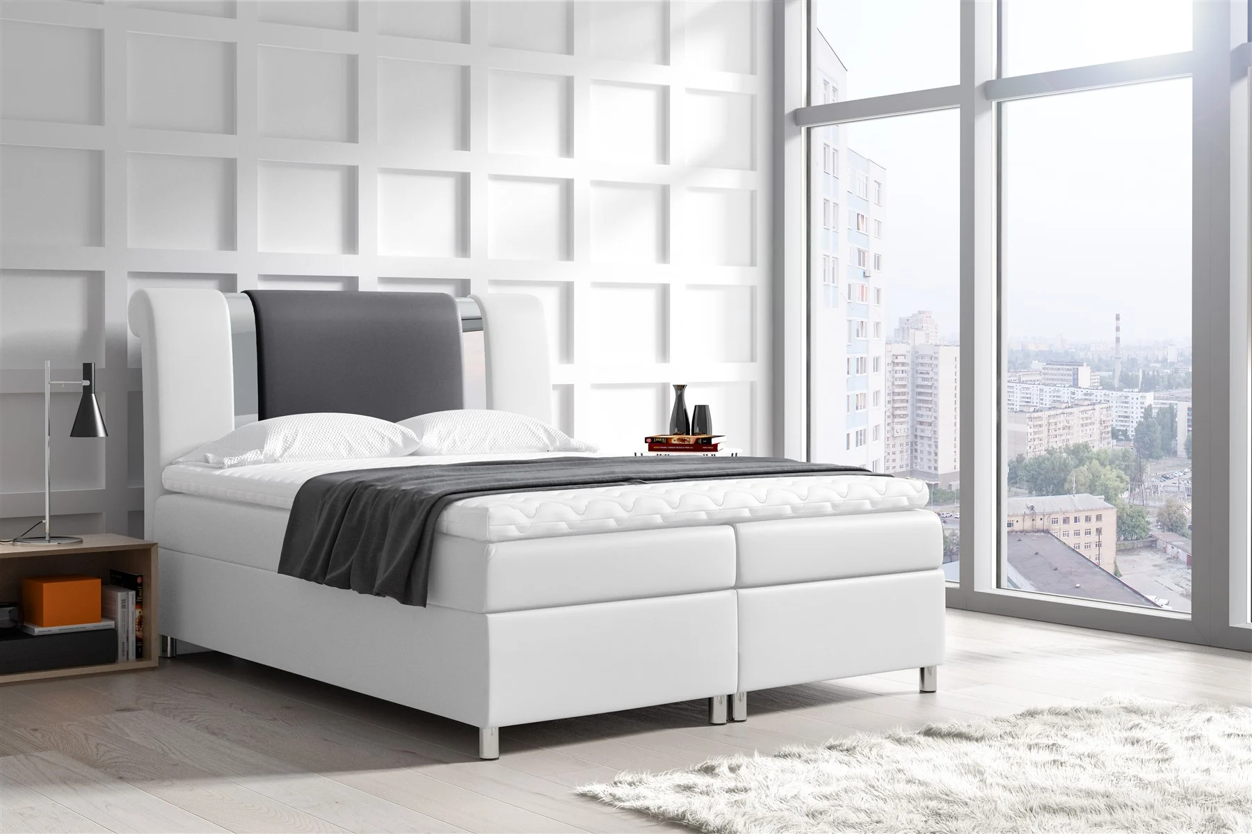 Boxspringbett Schlafzimmerbett NATHAN 120x200cm Kunstl. Weiss-Schwarz