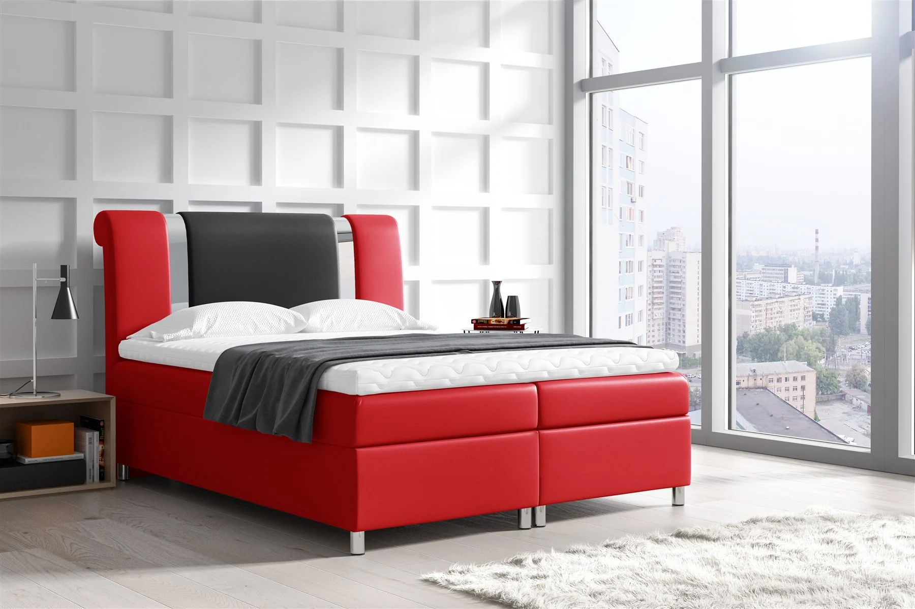 Boxspringbett Schlafzimmerbett NATHAN 120x200cm Kunstleder Rot-Schwarz