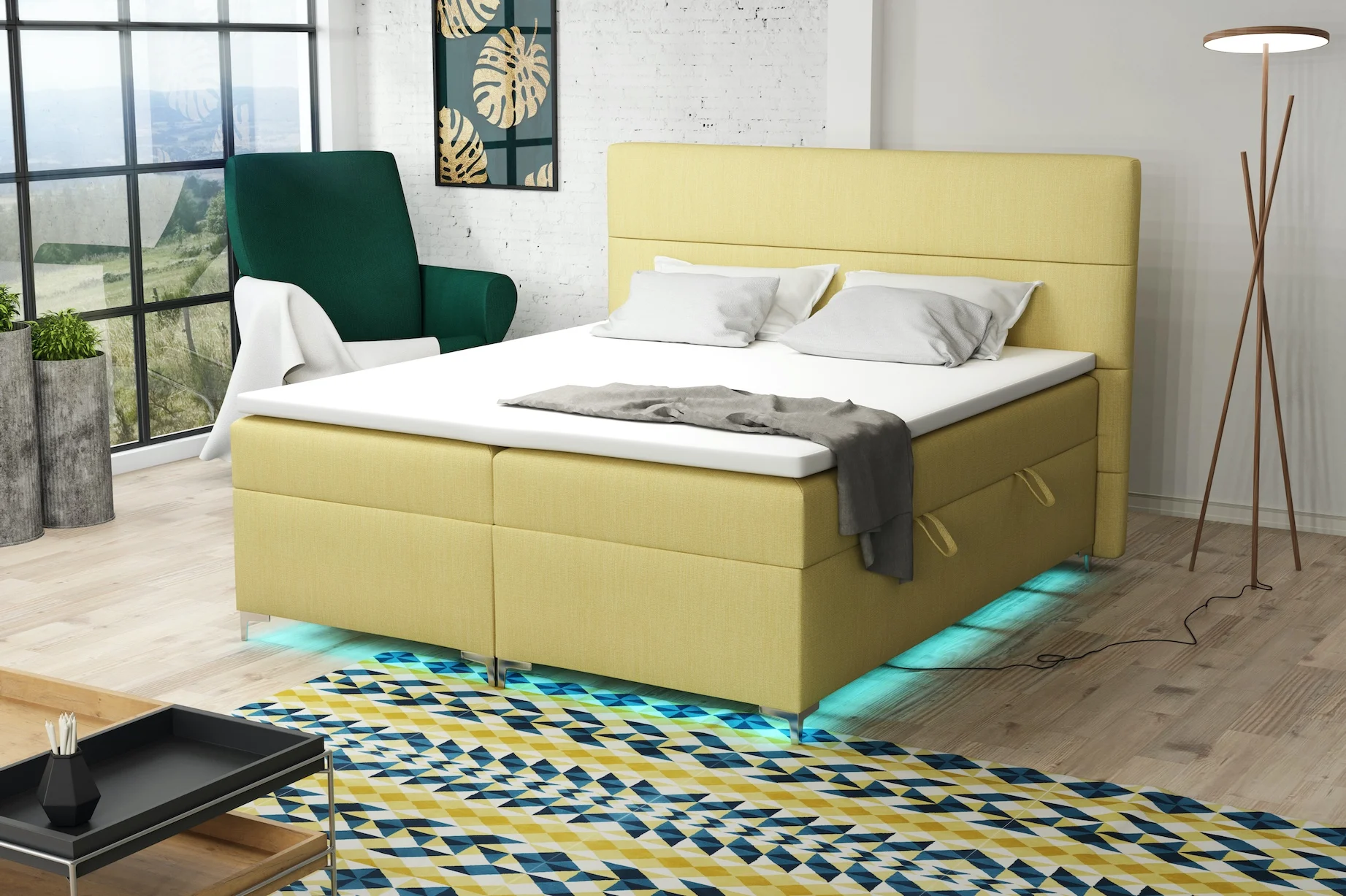 Boxspringbett Schlafzimmerbett CANELA 160x200cm inkl.Bettkasten/ LED - Fun Moebel