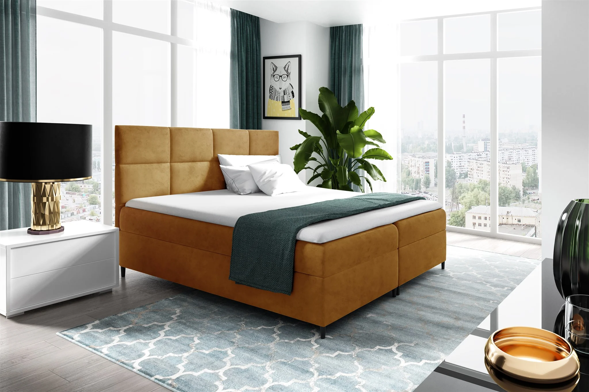 Boxspringbett Schlafzimmerbett NERA 140x200cm in Stoff Fresh Senf - Fun Moebel