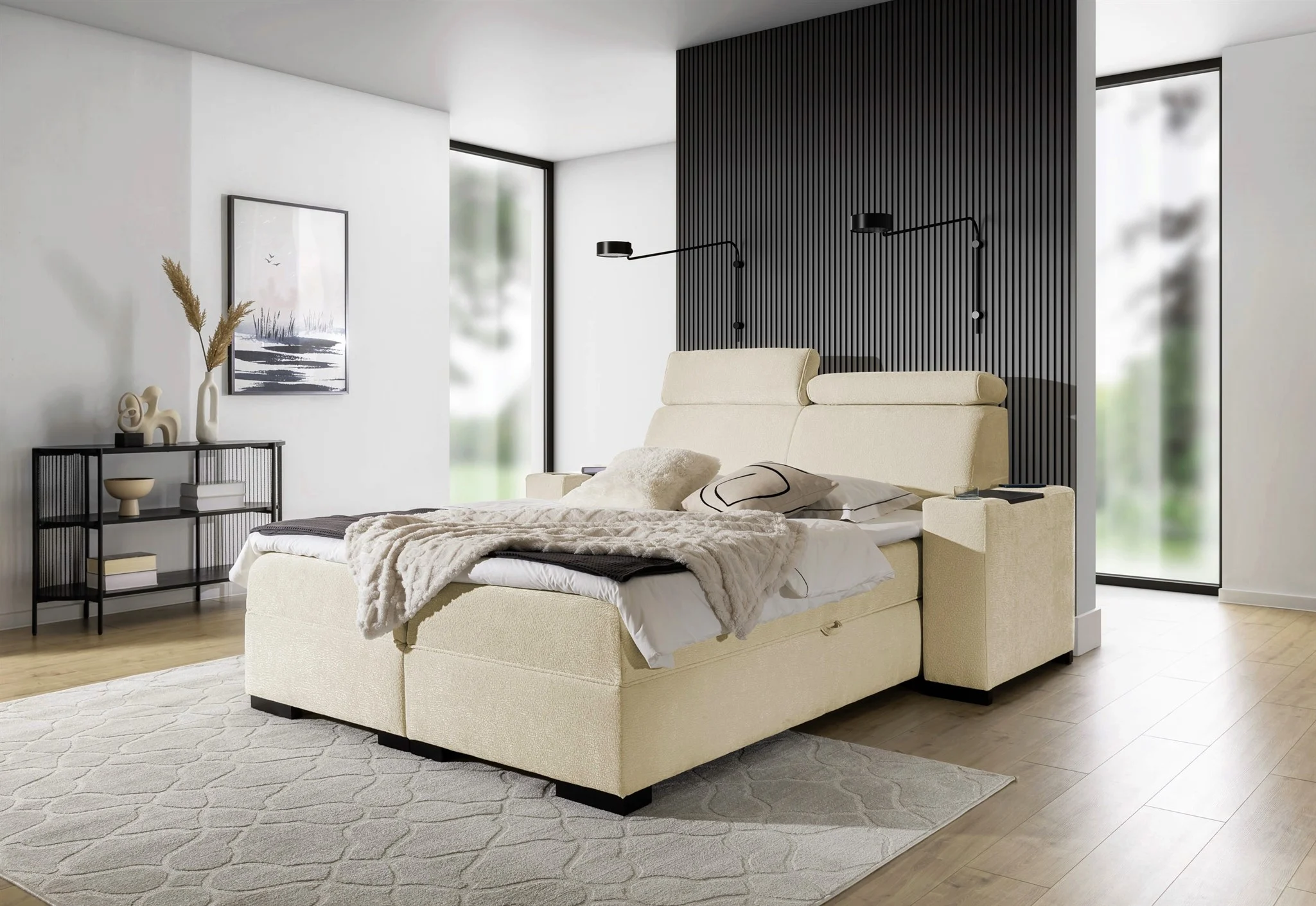 Boxspringbett Bett NESTOR 140x200cm Set.1 in Stoff Dress Me Beige - Fun Möbel