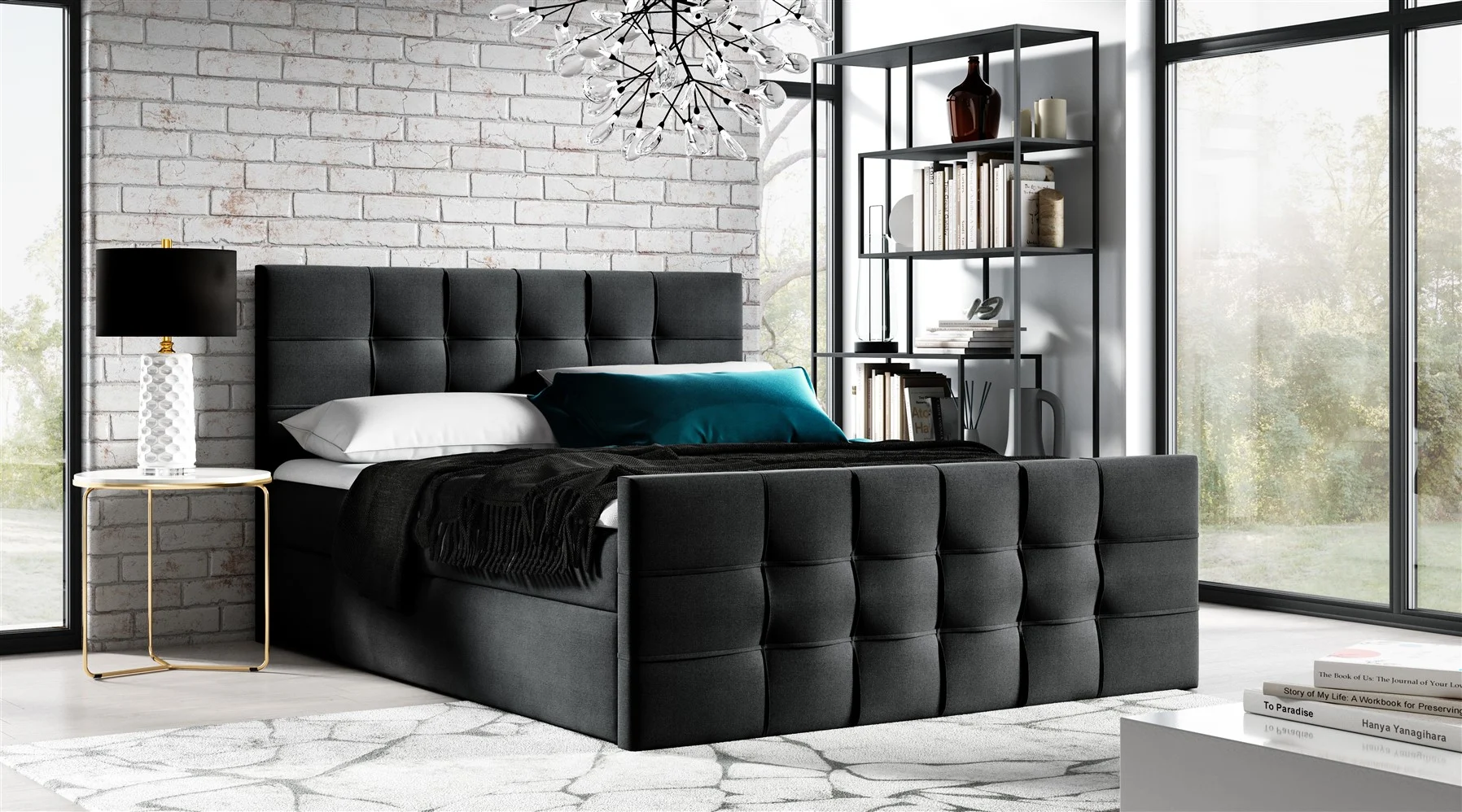 Boxspringbett Schlafzimmerbett NOEL 140x200cm Stoff Schwarz inkl. Bettkasten - Fun Moebel