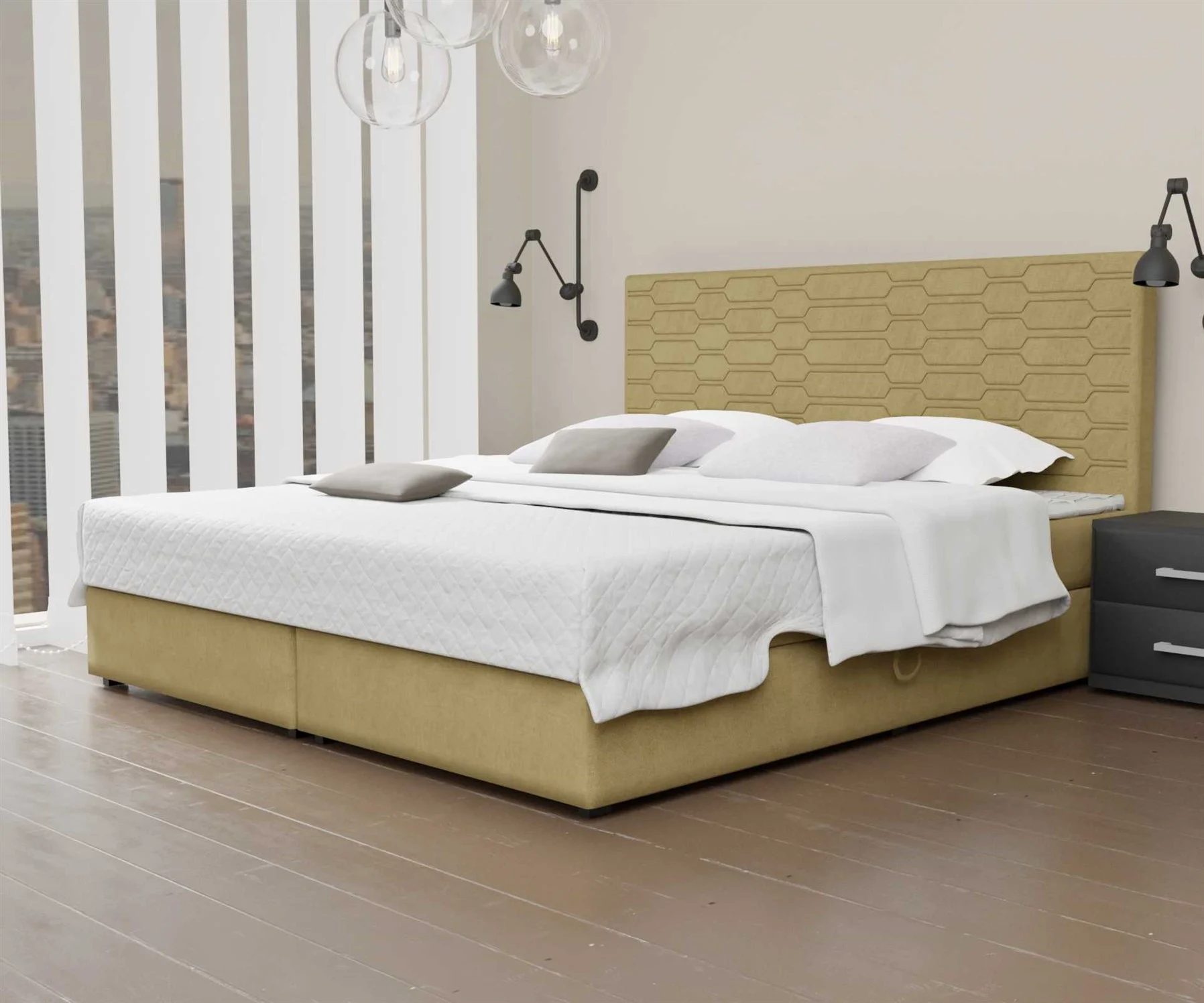Boxspringbett Schlafzimmerbett OMERO 160x220cm Stoff Senf inkl. Bettkasten - Fun Moebel