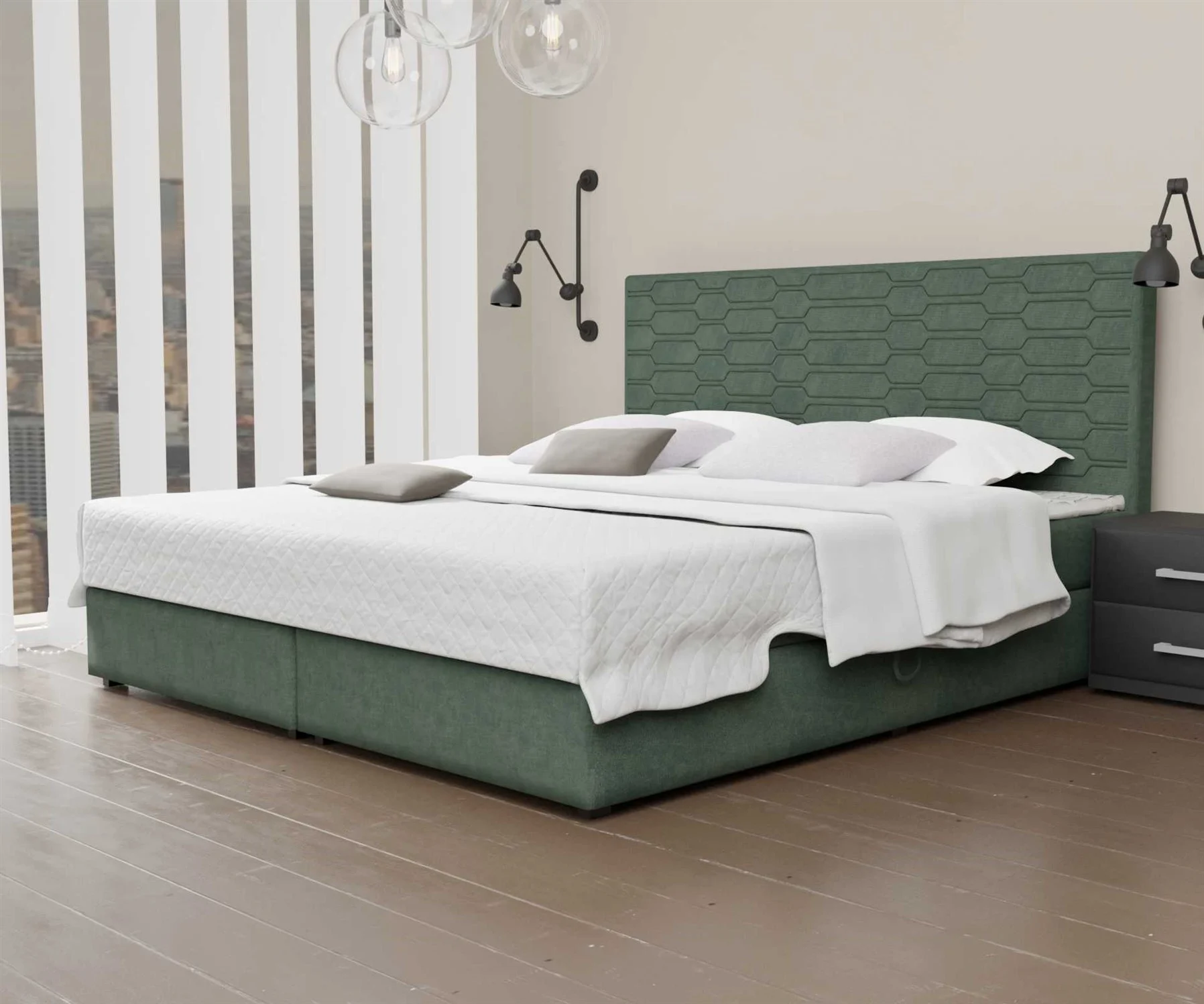 Boxspringbett Schlafzimmerbett OMERO 140x200cm Stoff Opalgrün inkl. Bettkasten - Fun Moebel