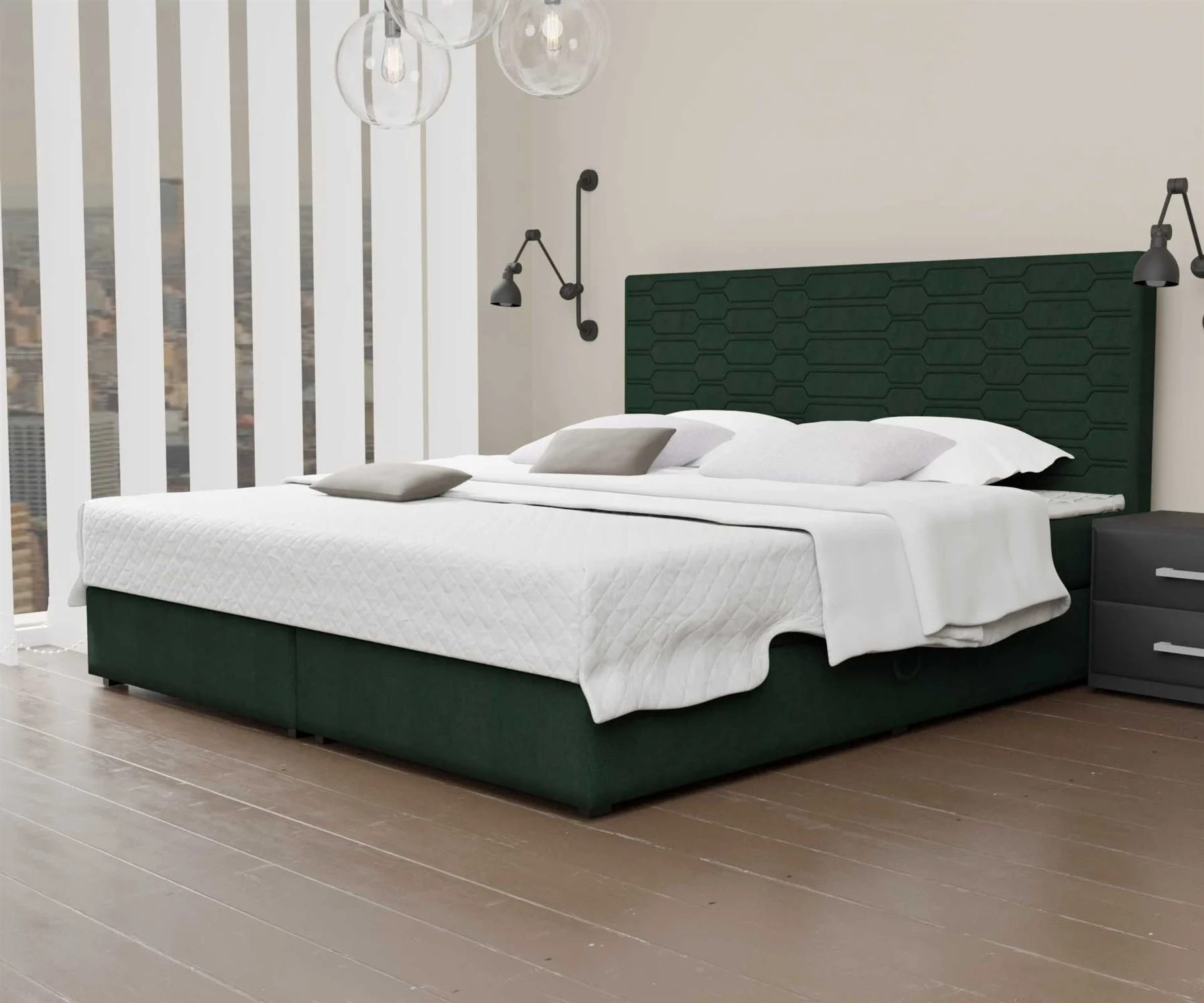 Boxspringbett Schlafzimmerbett OMERO 160x220cm Stoff Dunkelgrün inkl. Bettkasten - Fun Moebel