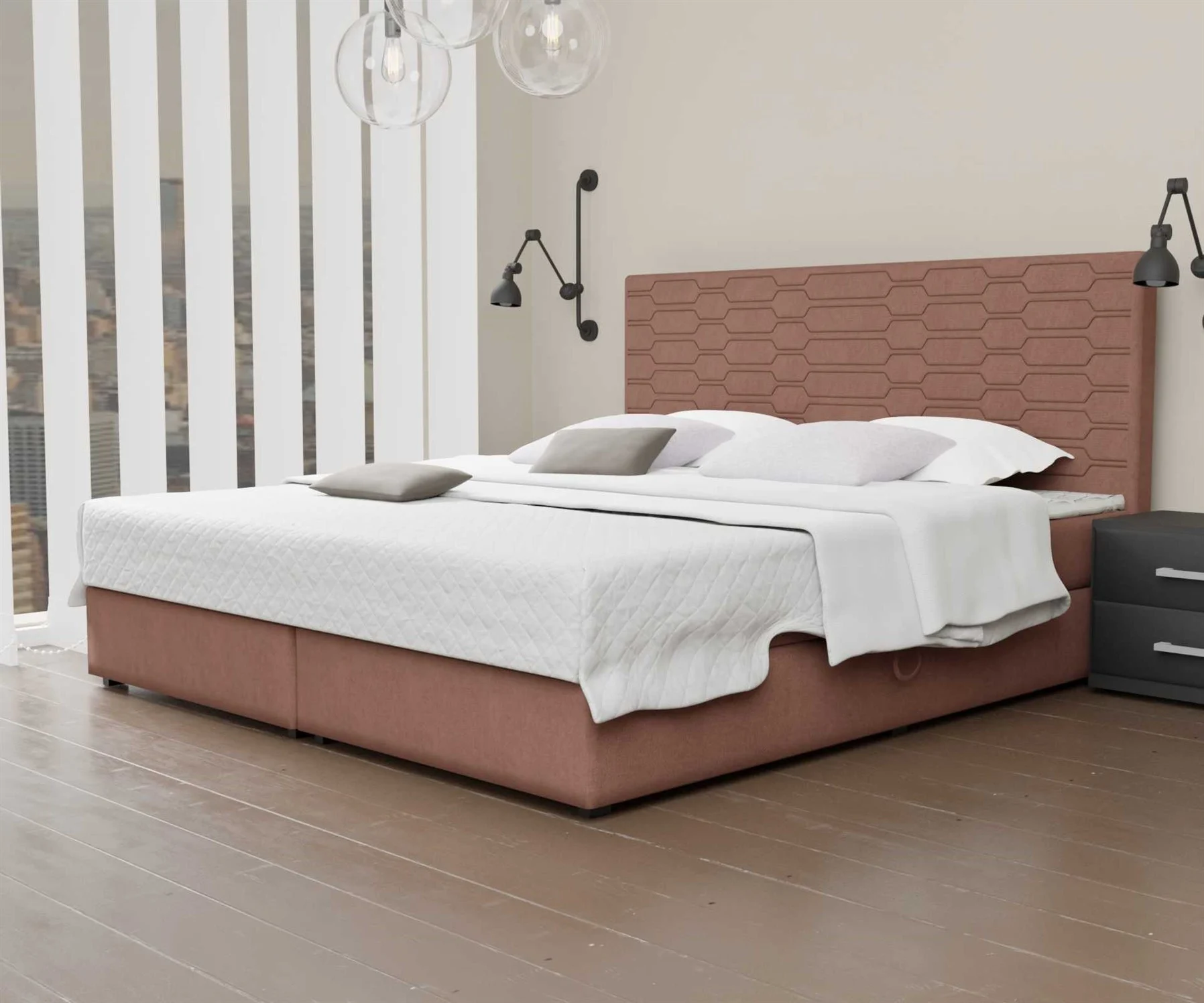 Boxspringbett Schlafzimmerbett OMERO 120x220cm Stoff Apricot inkl. Bettkasten - Fun Moebel