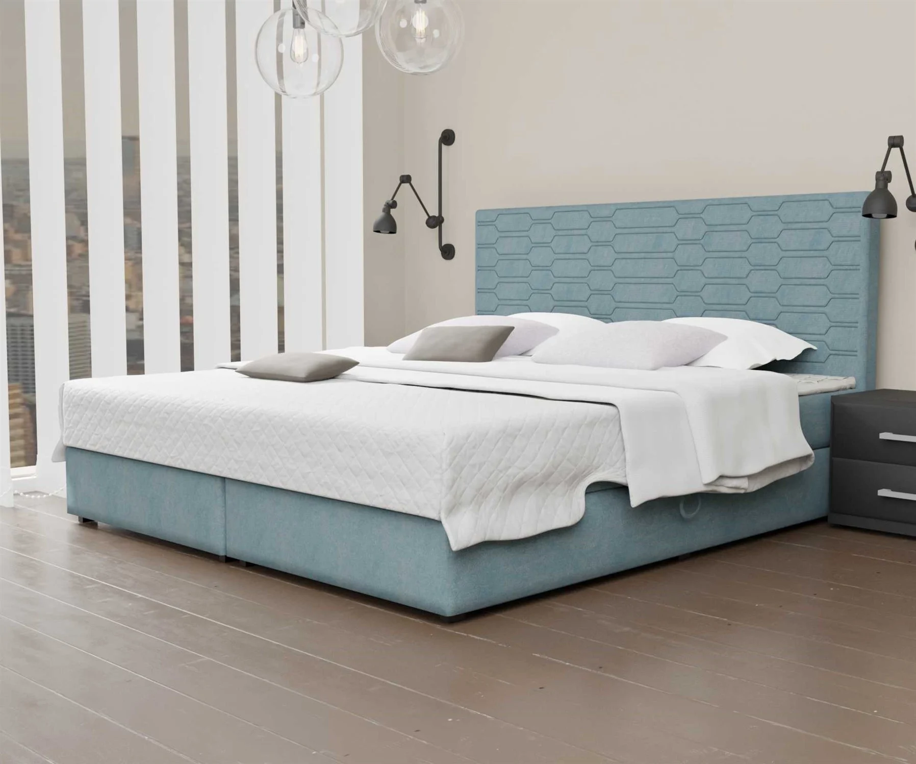 Boxspringbett Schlafzimmerbett OMERO 120x220cm Stoff Hellblau inkl. Bettkasten - Fun Moebel