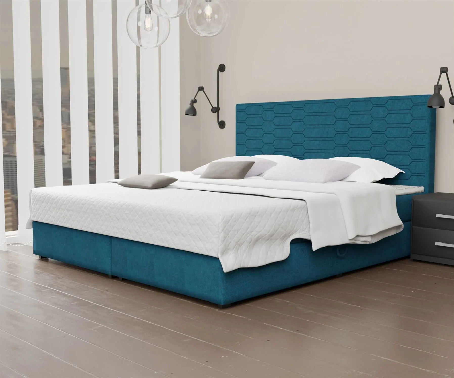 Boxspringbett Schlafzimmerbett OMERO 120x220cm Stoff Petrolblau inkl. Bettkasten - Fun Moebel