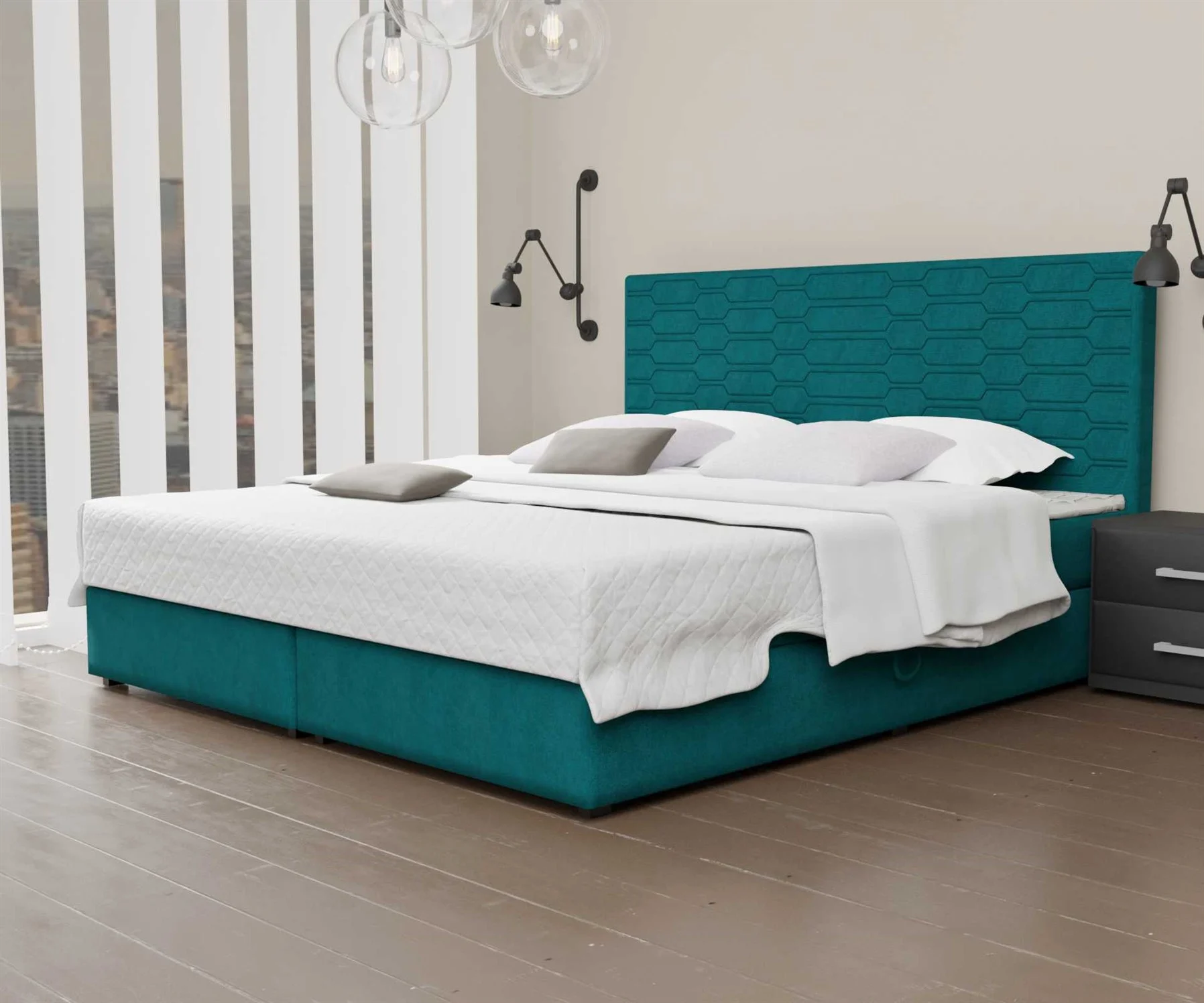 Boxspringbett Schlafzimmerbett OMERO 200x220cm Stoff Türkisblau inkl. Bettkasten - Fun Moebel