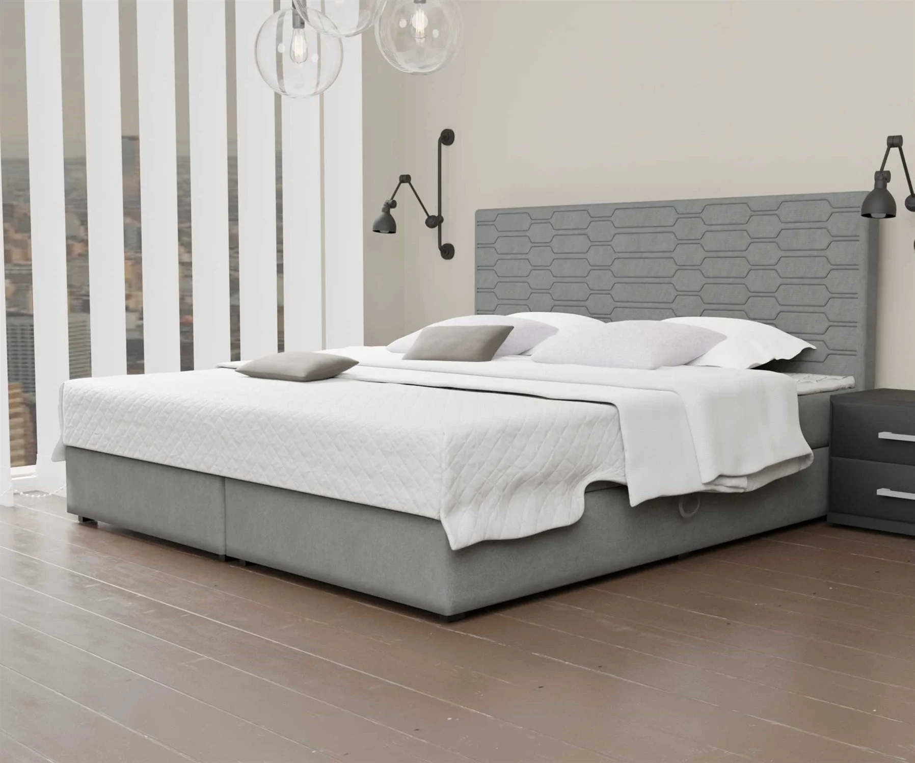 Boxspringbett Schlafzimmerbett OMERO 120x220cm Stoff Grau inkl. Bettkasten - Fun Moebel