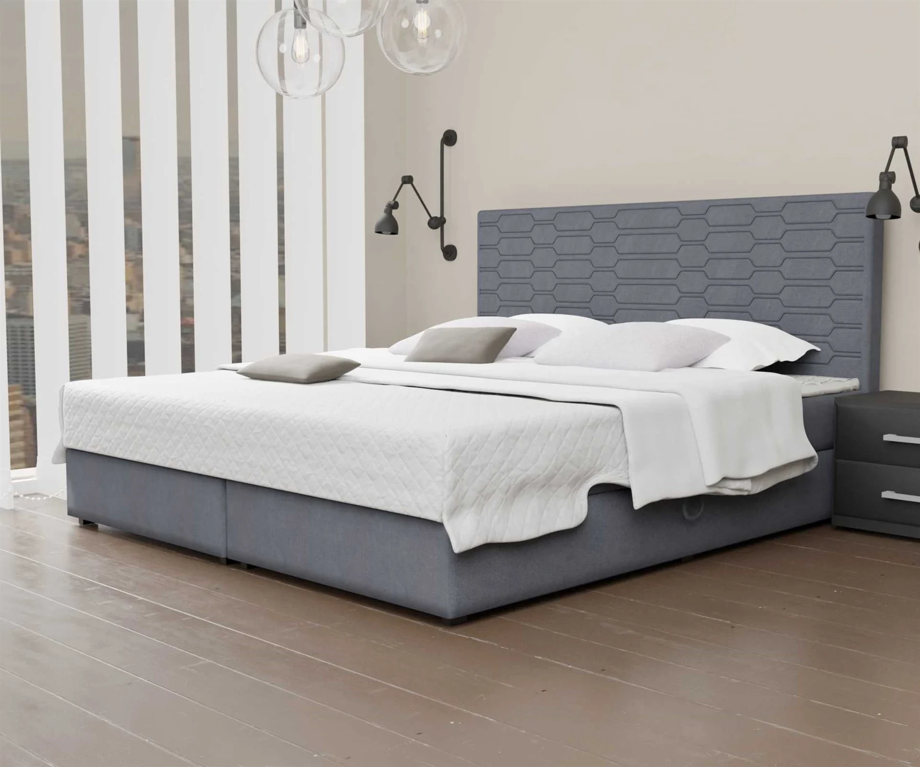 Boxspringbett Schlafzimmerbett OMERO 140x220cm Stoff Steel inkl. Bettkasten - Fun Moebel