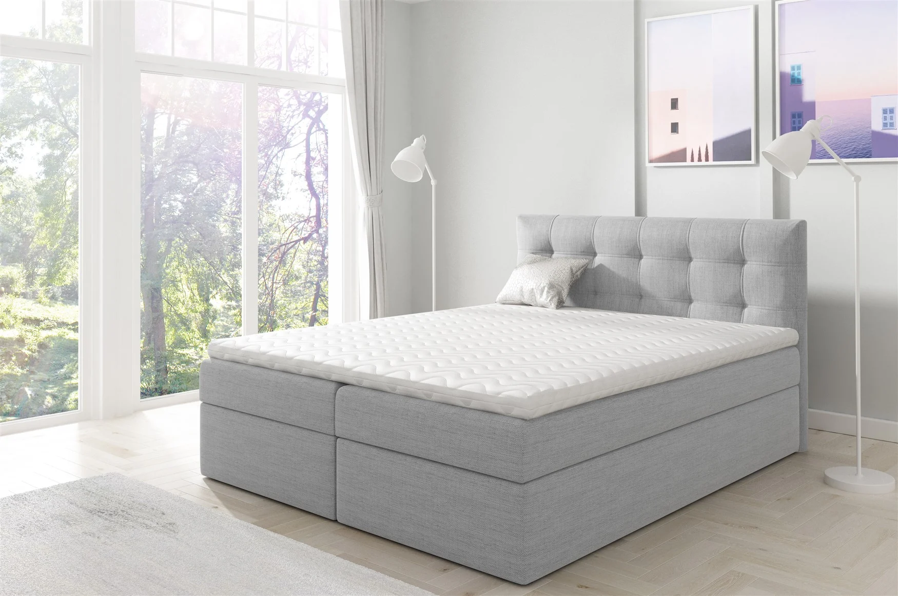 Boxspringbett Schlafzimmerbett OVIEDO 200x200cm Stoff Hellgrau - Fun Moebel