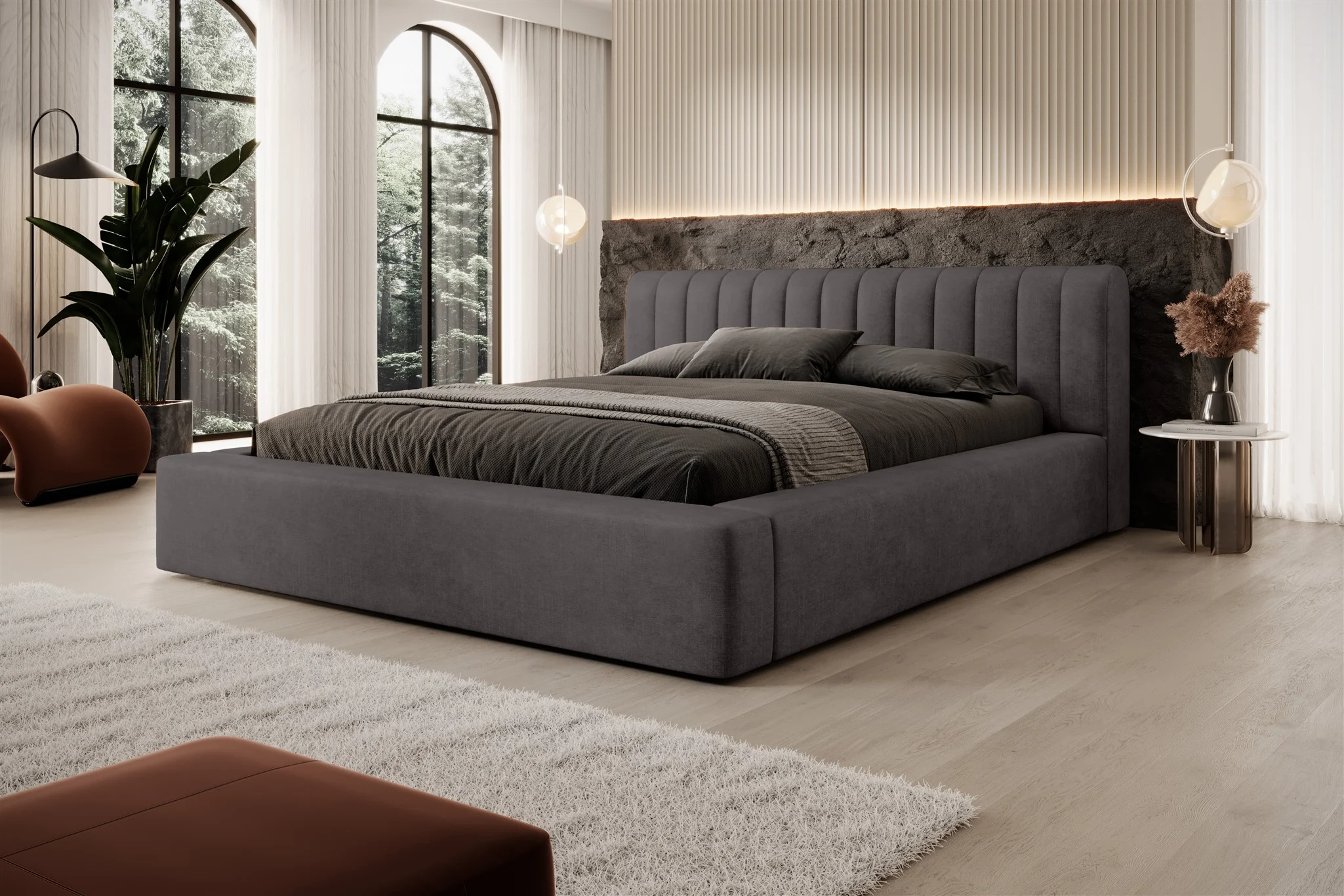 Polsterbett Doppelbett PEORIA 180x200cm in Stoff Macau Anthrazit - Fun Möbel