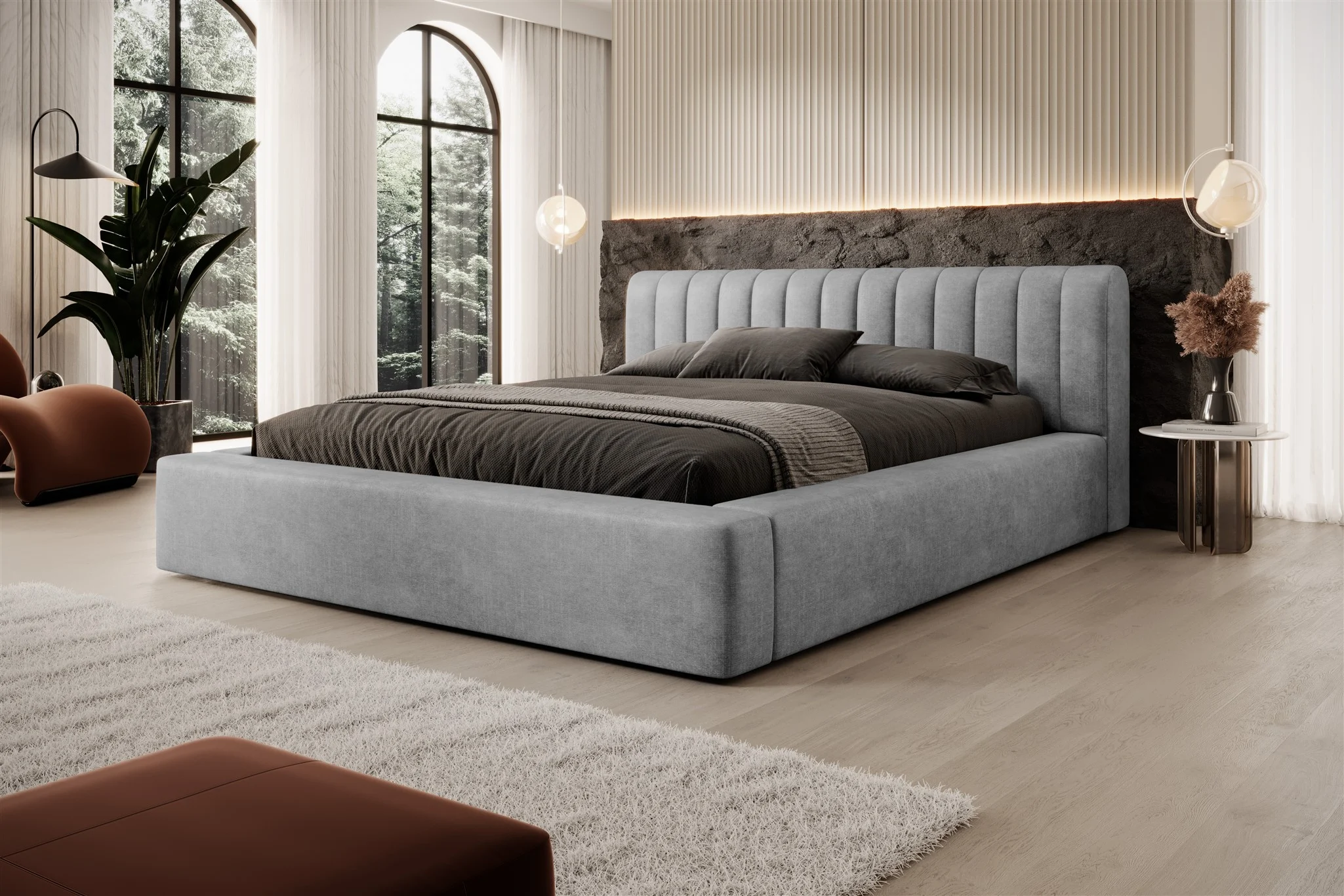 Polsterbett Doppelbett PEORIA 140x200cm in Stoff Macau Grau - Fun Möbel