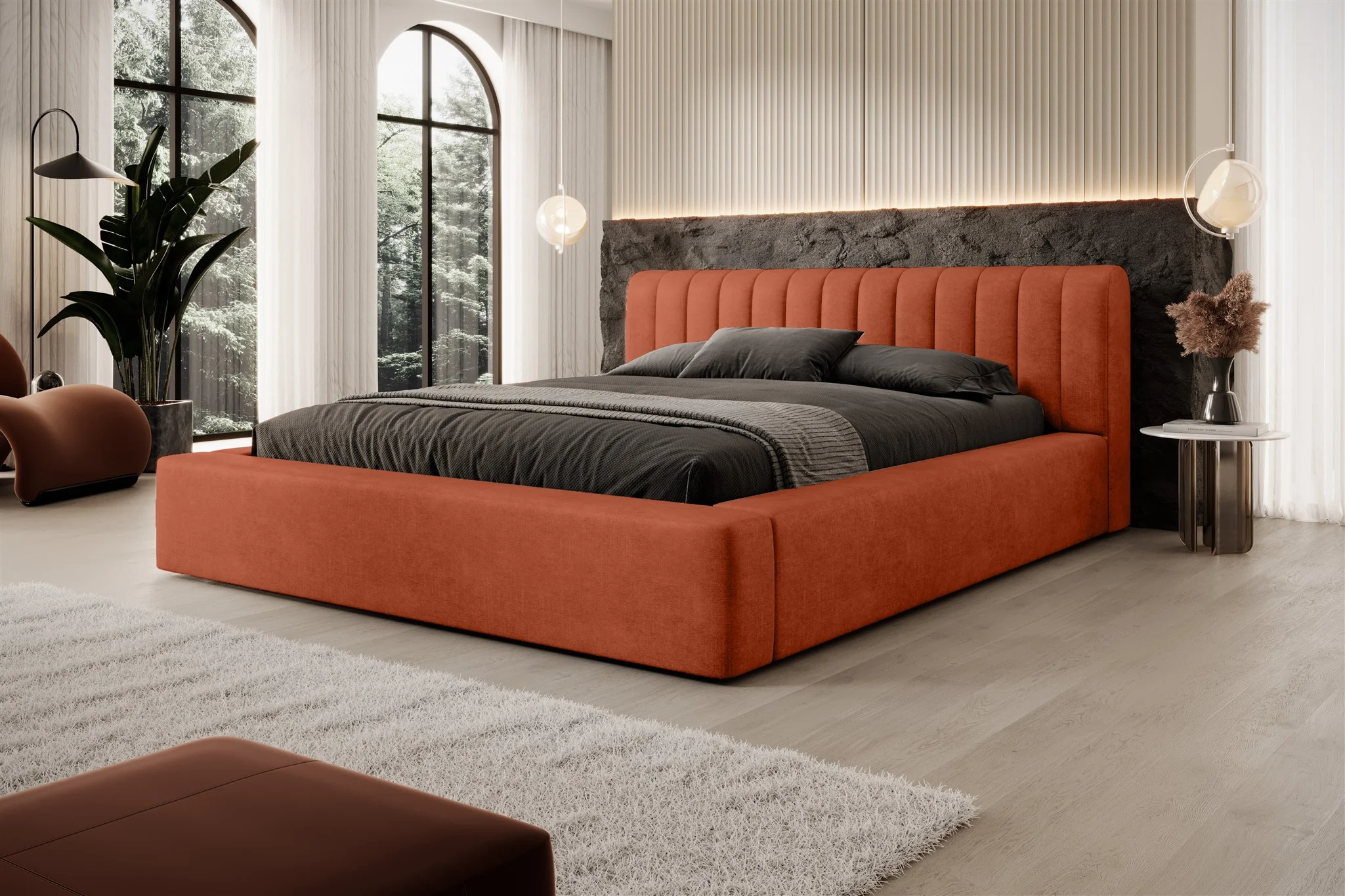 Polsterbett Doppelbett PEORIA 180x200cm in Stoff Macau Rostbraun - Fun Möbel