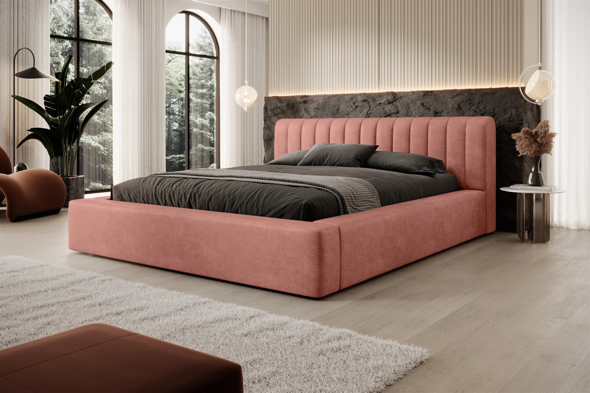 Polsterbett Doppelbett PEORIA 140x200cm in Stoff Macau Rose - Fun Möbel