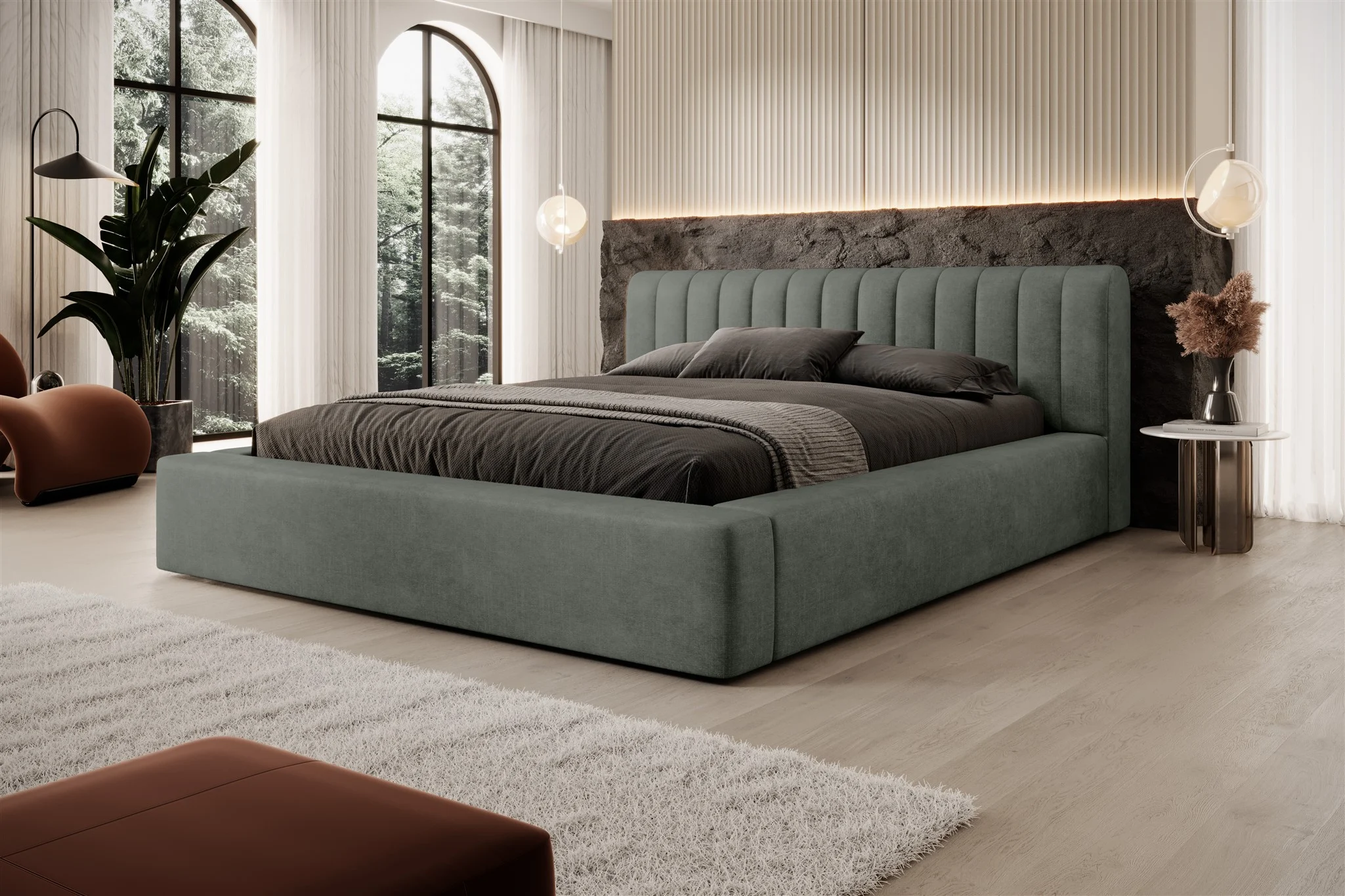 Polsterbett Doppelbett PEORIA 160x200cm in Stoff Macau Forest - Fun Möbel
